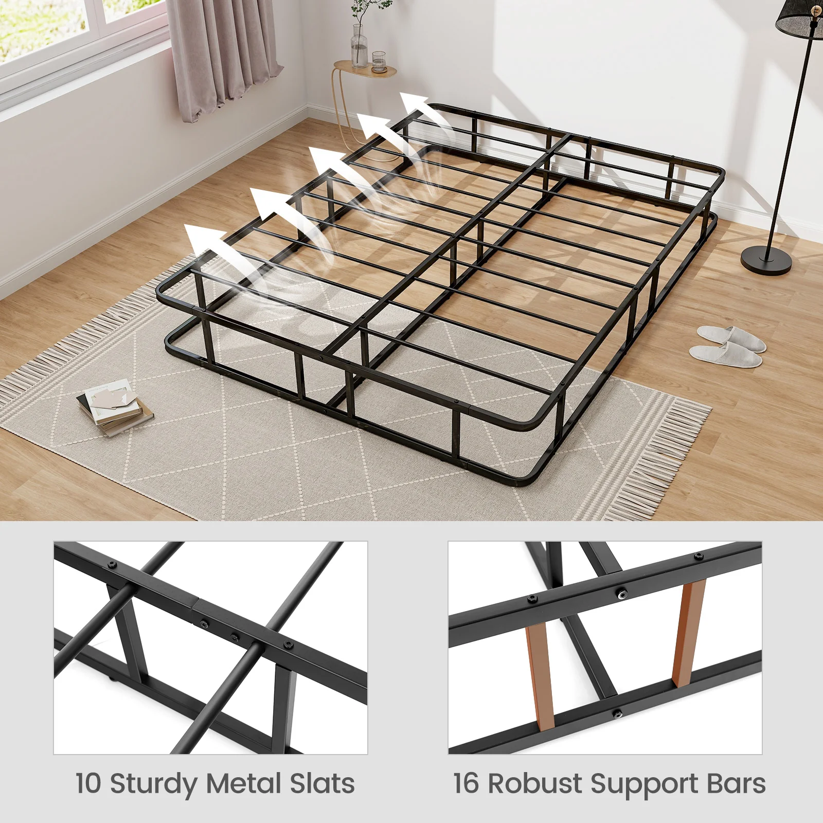 Queen Size Bed Frame, Metal Slat Support, Black - Image 10
