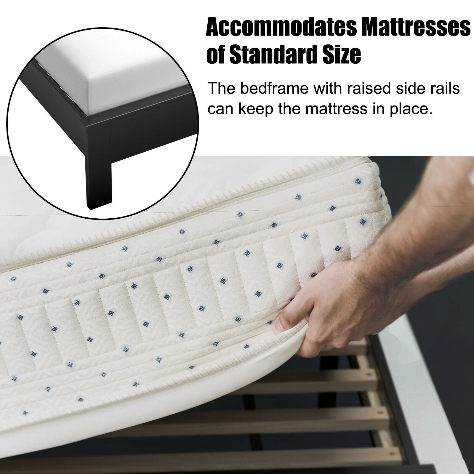 Queen Size Bed Frame, Platform Slat, High Headboard, Black - Image 10