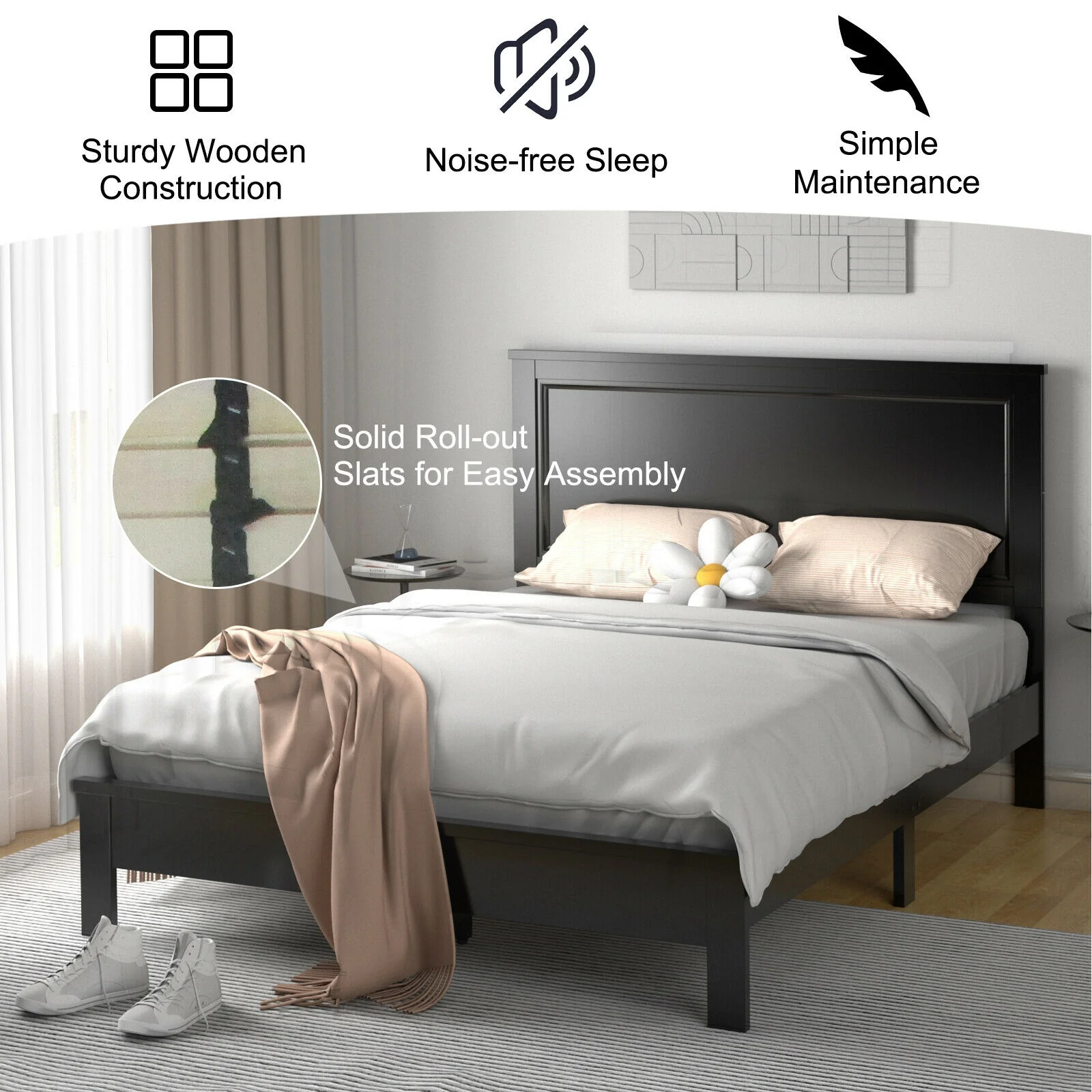 Queen Size Bed Frame, Platform Slat, High Headboard, Black - Image 3