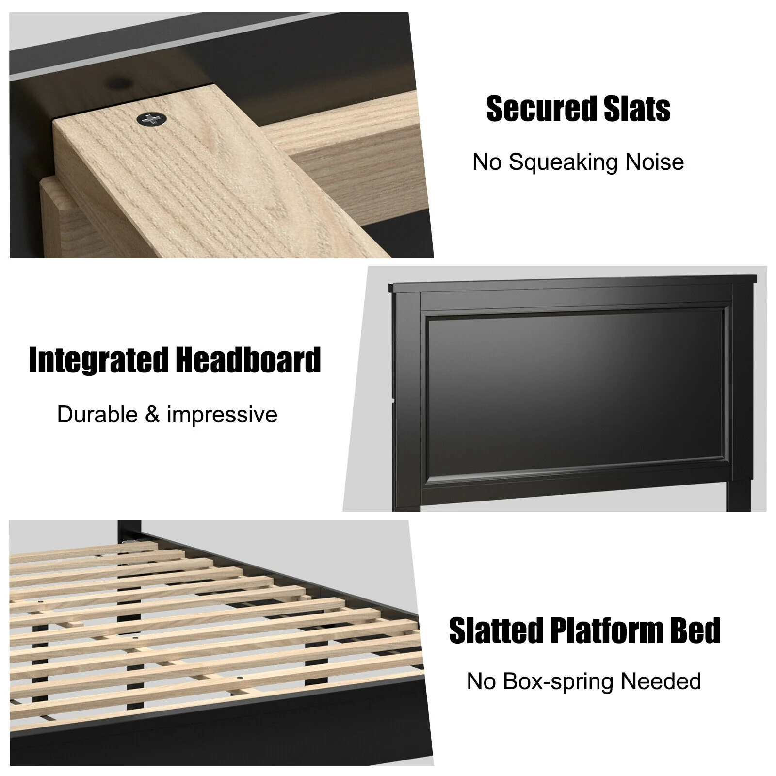 Queen Size Bed Frame, Platform Slat, High Headboard, Black - Image 6