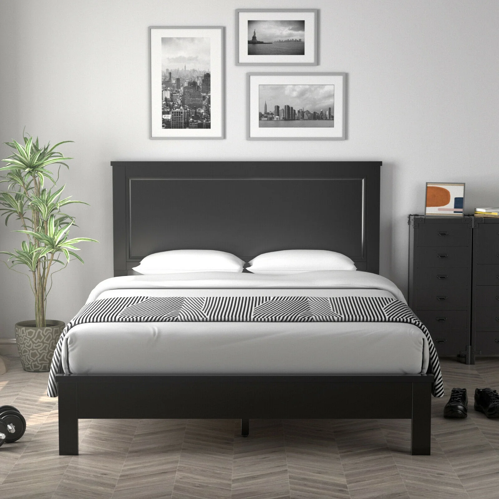 Queen Size Bed Frame, Platform Slat, High Headboard, Black - Image 8