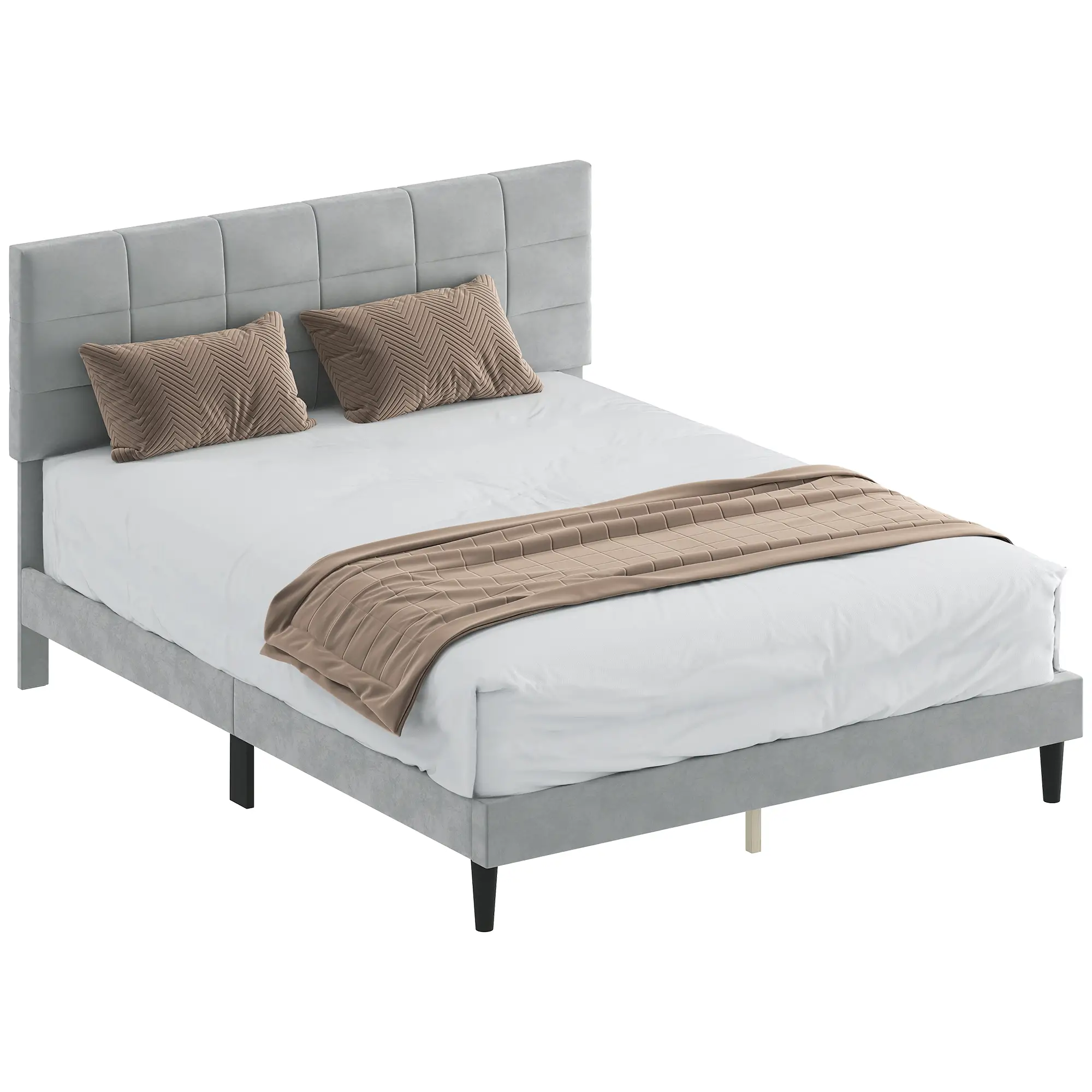 Queen Size Bed Frame, Upholstered Headboard, Wood Slats, 1100 lbs, Grey - Image 11