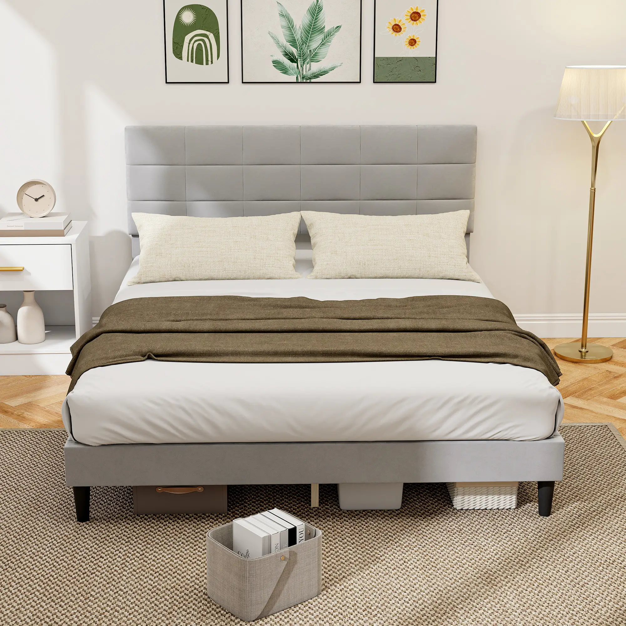 Queen Size Bed Frame, Upholstered Headboard, Wood Slats, 1100 lbs, Grey - Image 2