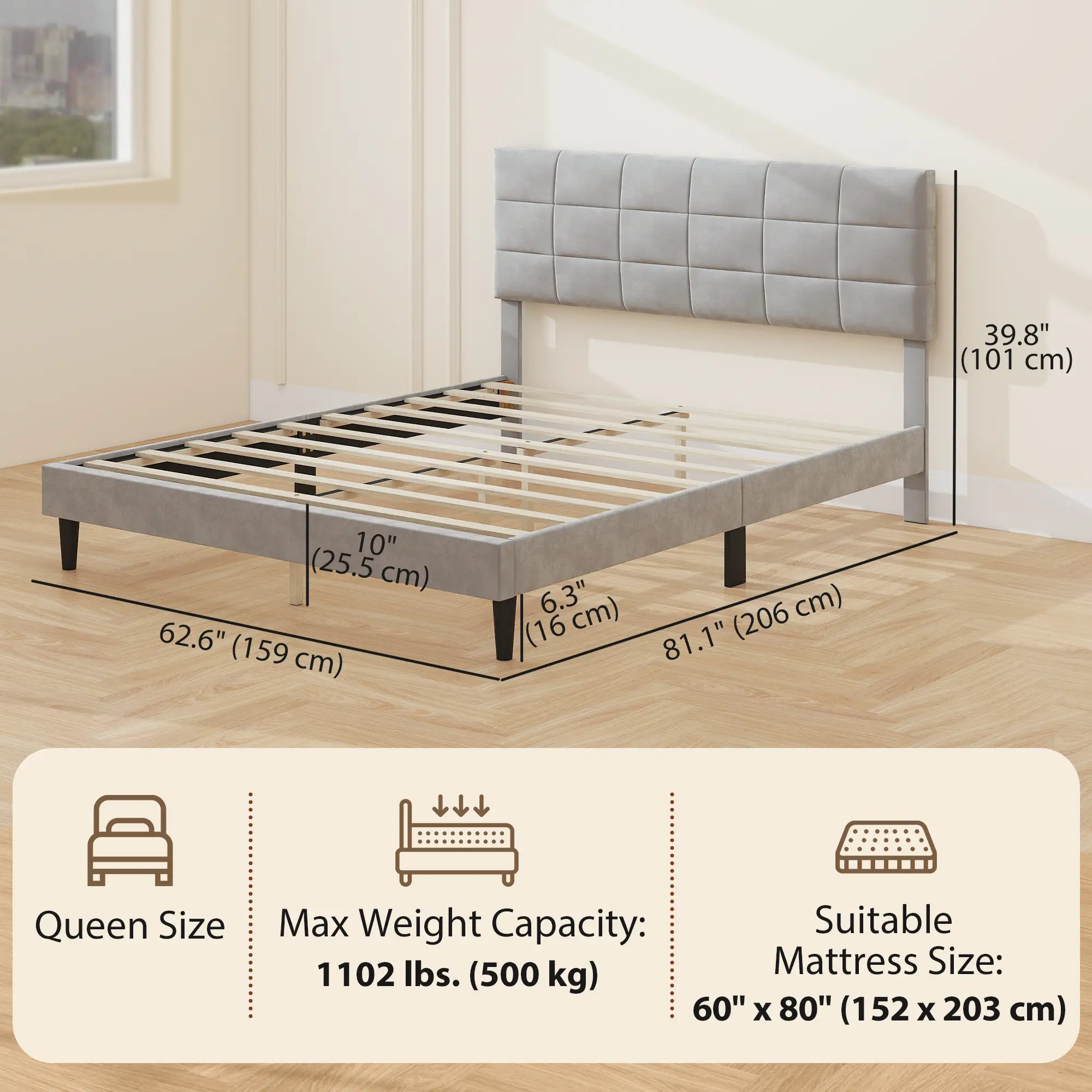 Queen Size Bed Frame, Upholstered Headboard, Wood Slats, 1100 lbs, Grey - Image 3