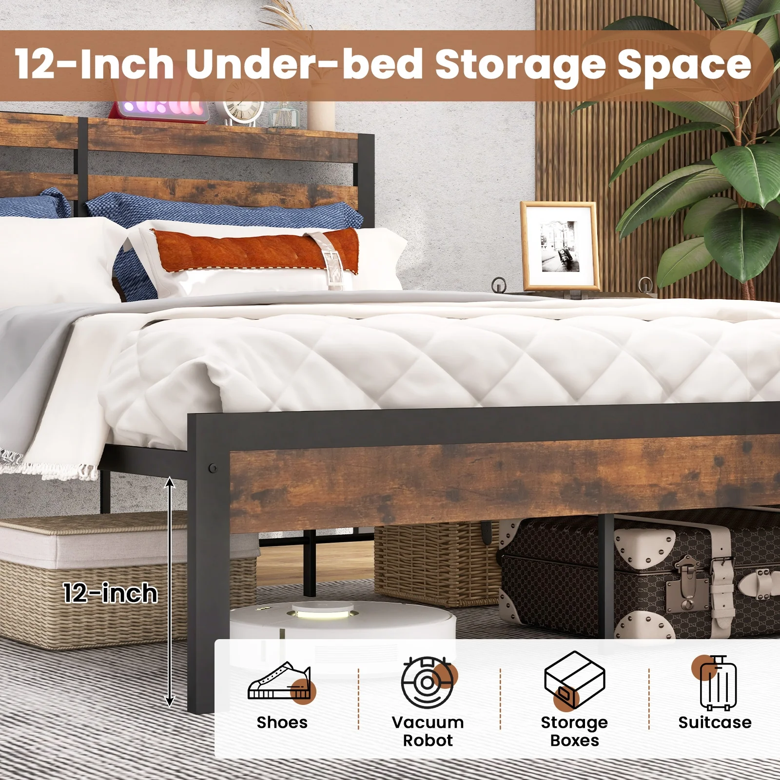 Queen Size Bed Frame With Charging Station, Storage Headboard, Rustic Brown - Image 10