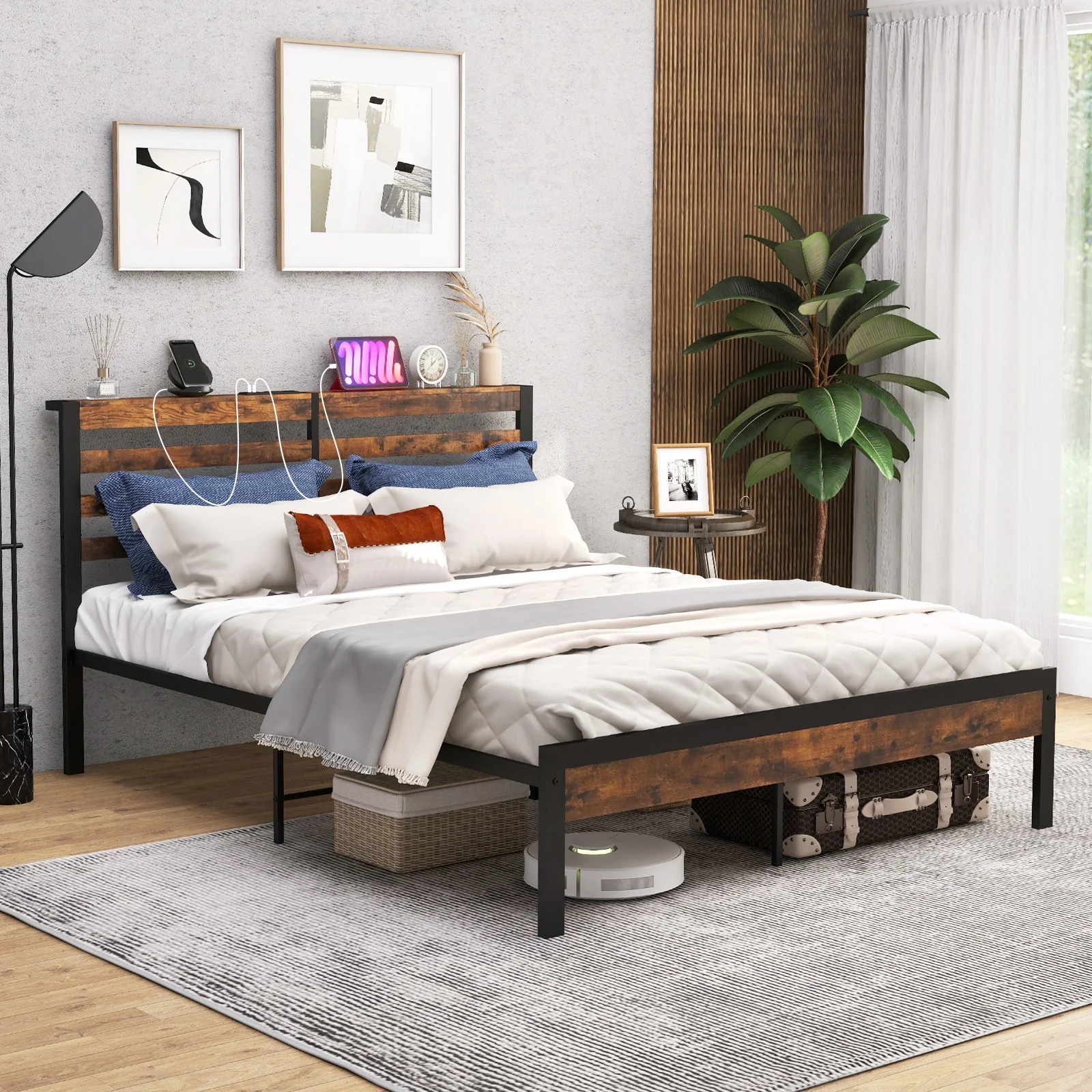 Queen Size Bed Frame With Charging Station, Storage Headboard, Rustic Brown - Image 3