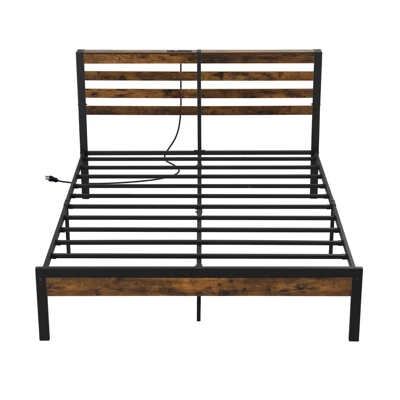 Queen Size Bed Frame With Charging Station, Storage Headboard, Rustic Brown - Image 4