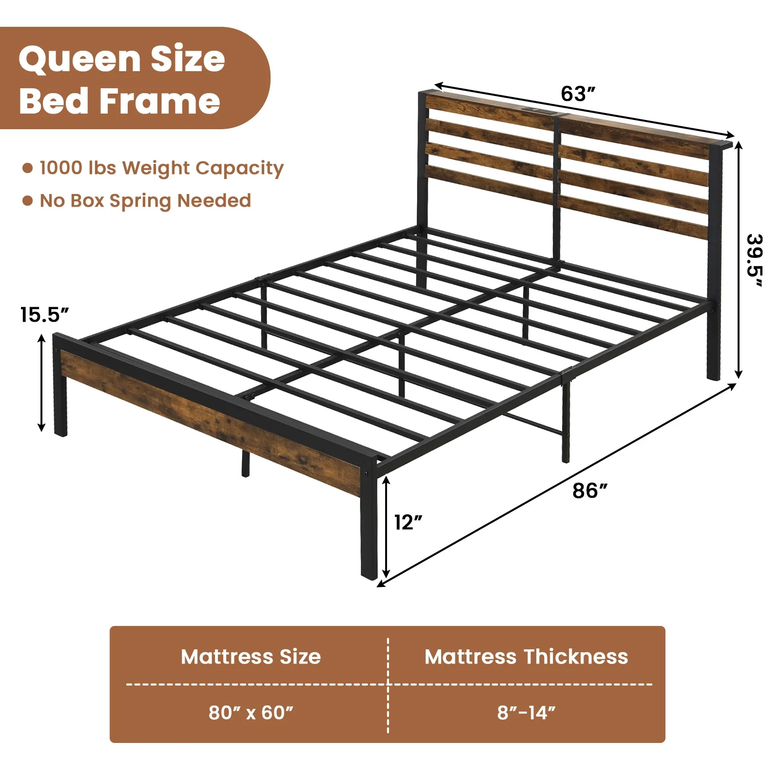 Queen Size Bed Frame With Charging Station, Storage Headboard, Rustic Brown - Image 5