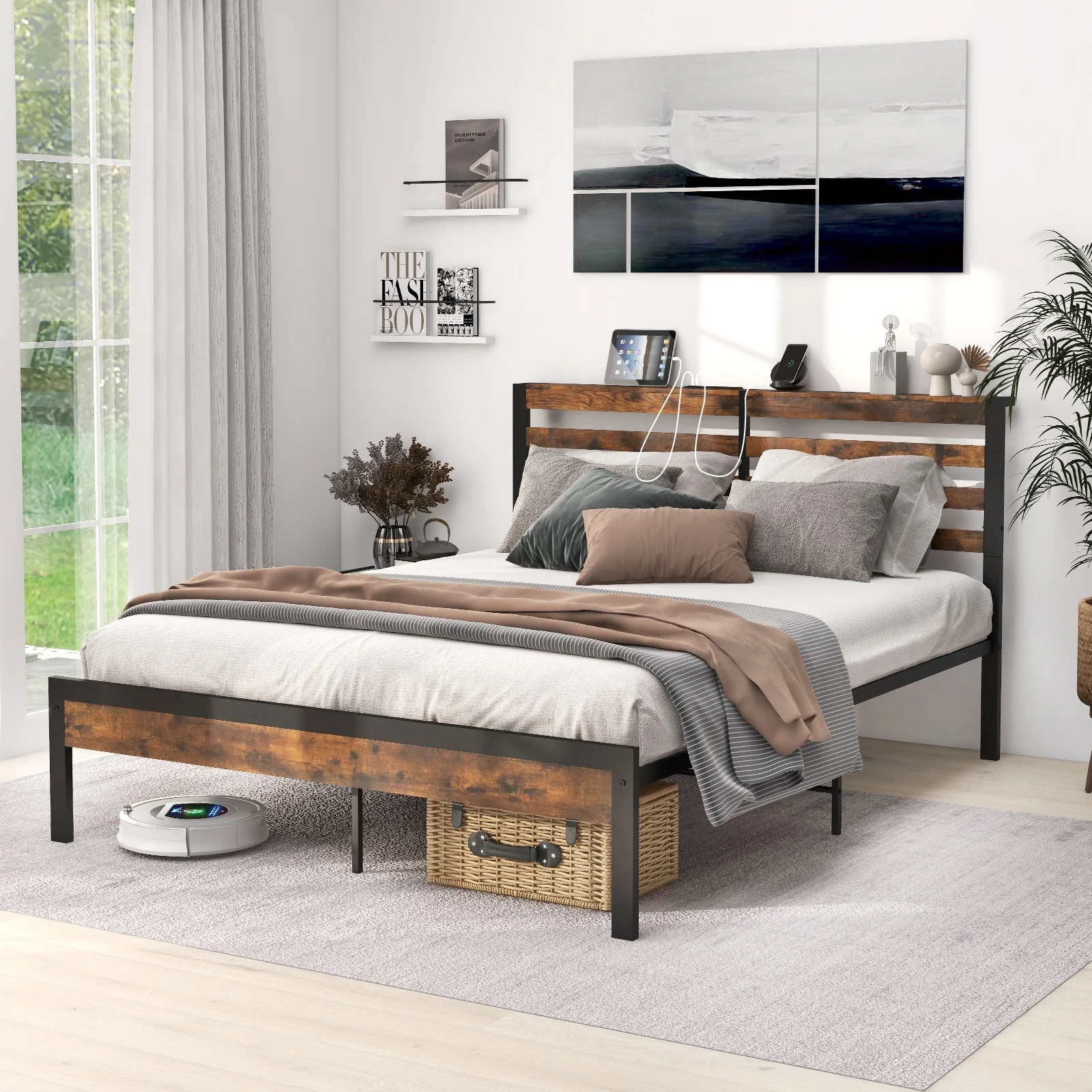 Queen Size Bed Frame With Charging Station, Storage Headboard, Rustic Brown - Image 7