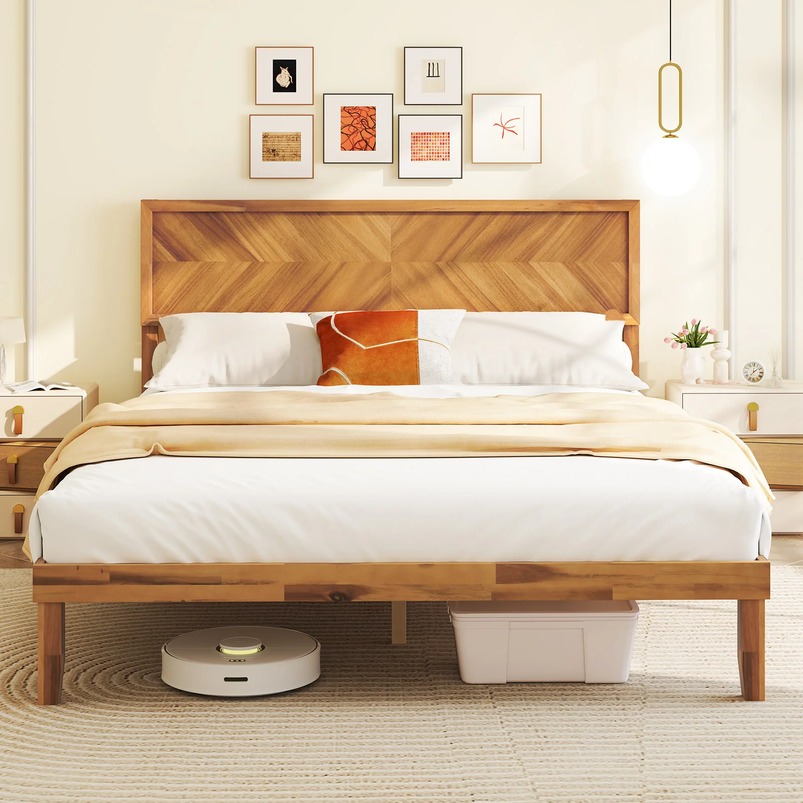 Queen Size Bed Frame With Headboard, Storage, Natural - Image 3
