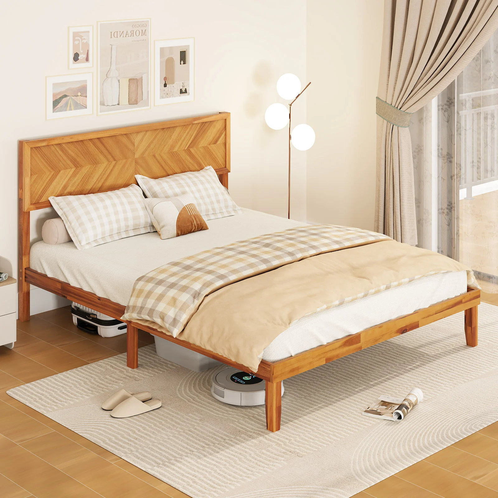 Queen Size Bed Frame With Headboard, Storage, Natural - Image 6