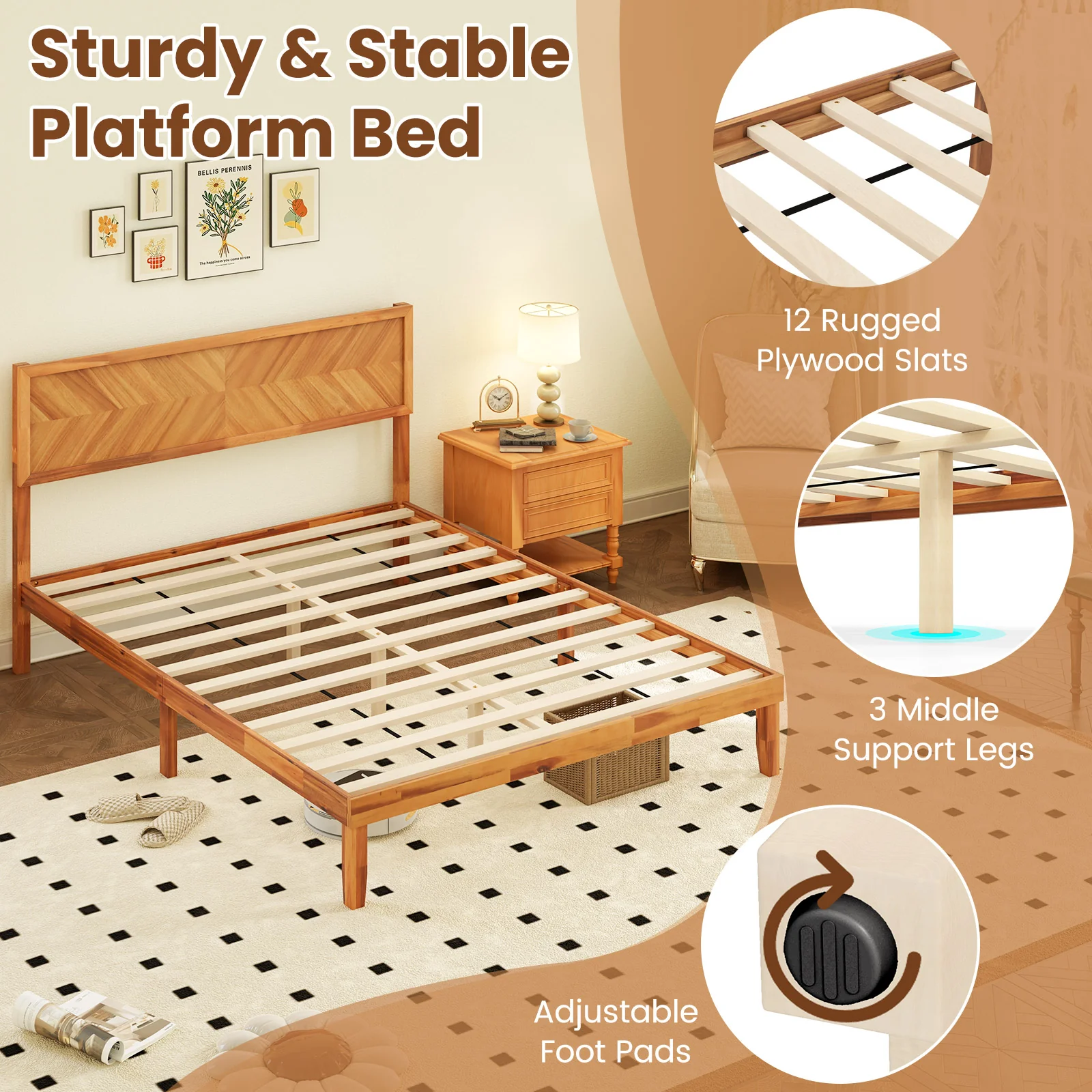Queen Size Bed Frame With Headboard, Storage, Natural - Image 7