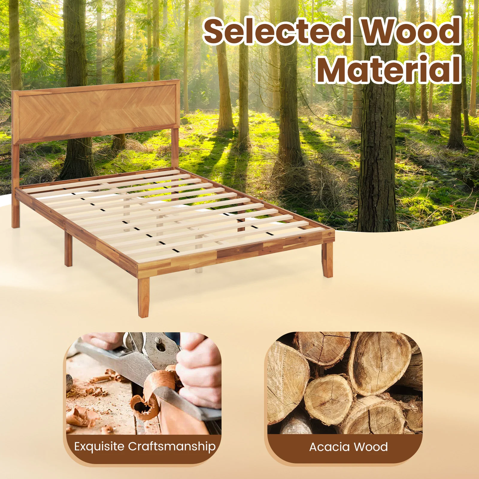 Queen Size Bed Frame With Headboard, Storage, Natural - Image 8