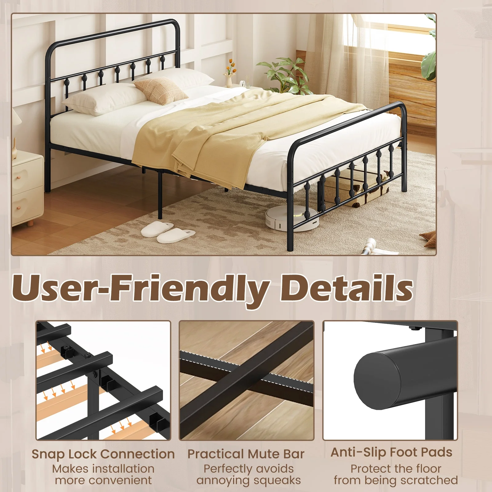 Queen Size Bed Frame With Headboard, Under Bed Storage, Black - Image 10