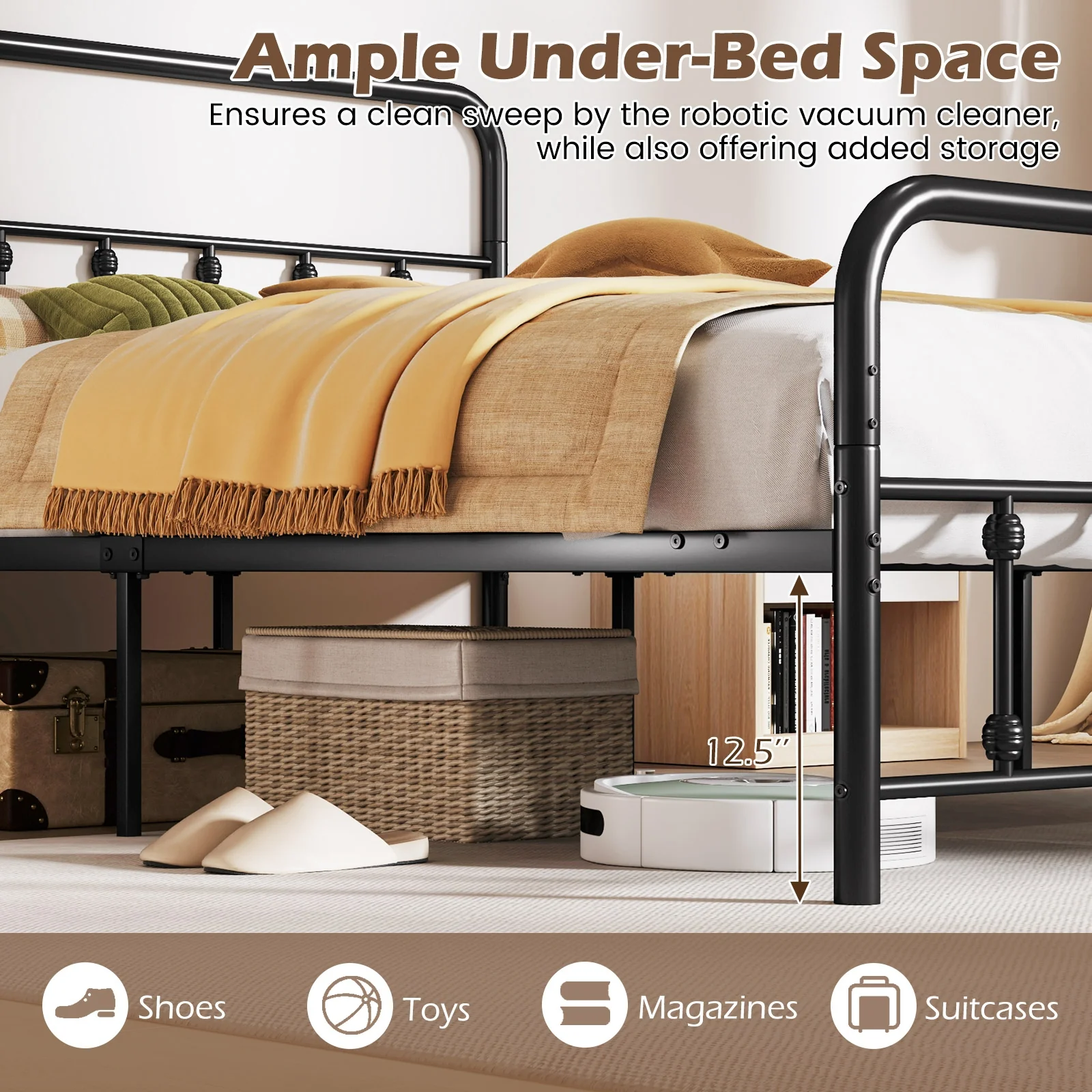 Queen Size Bed Frame With Headboard, Under Bed Storage, Black - Image 6