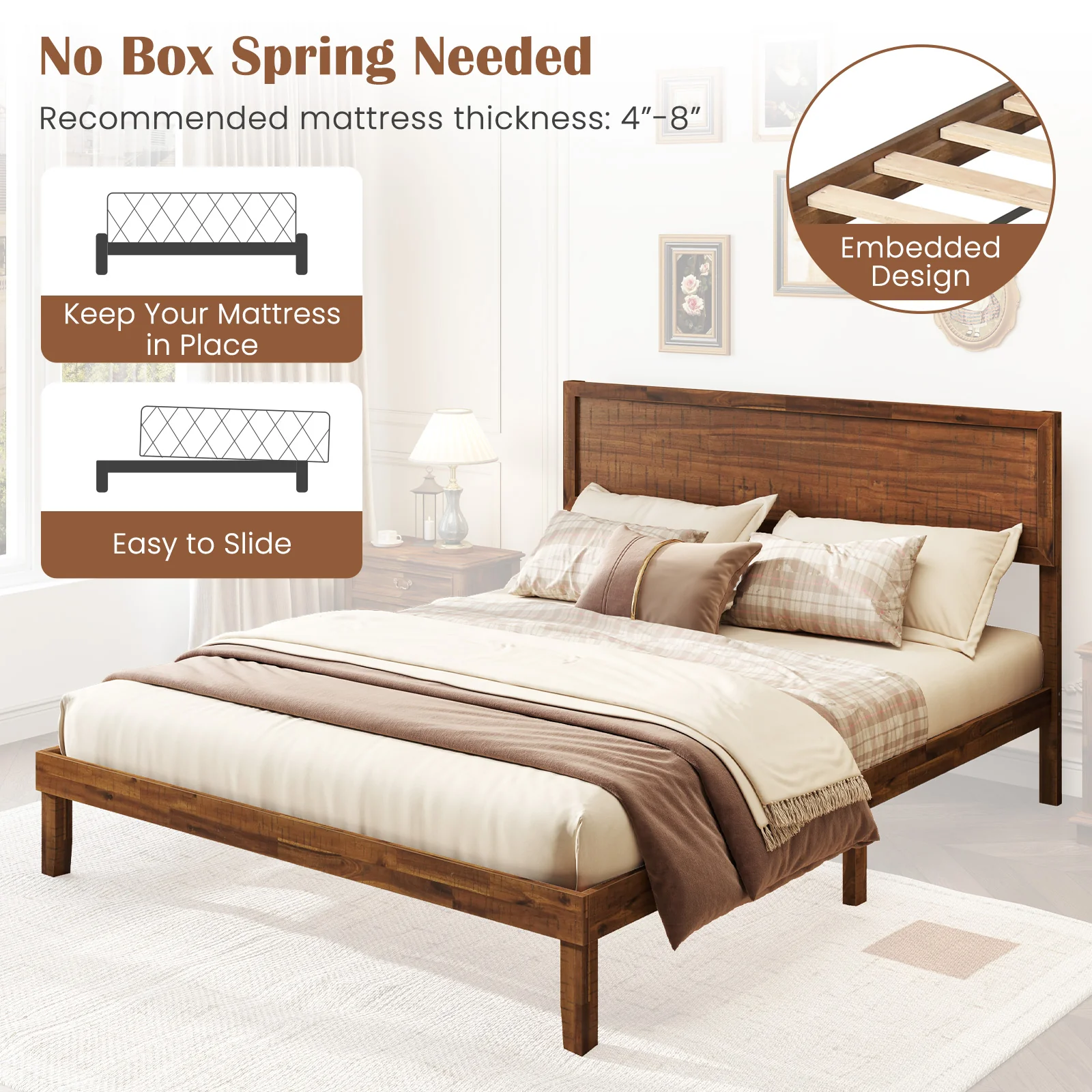 Queen Size Bed Frame With Headboard, Wooden Slats, Walnut - Image 10