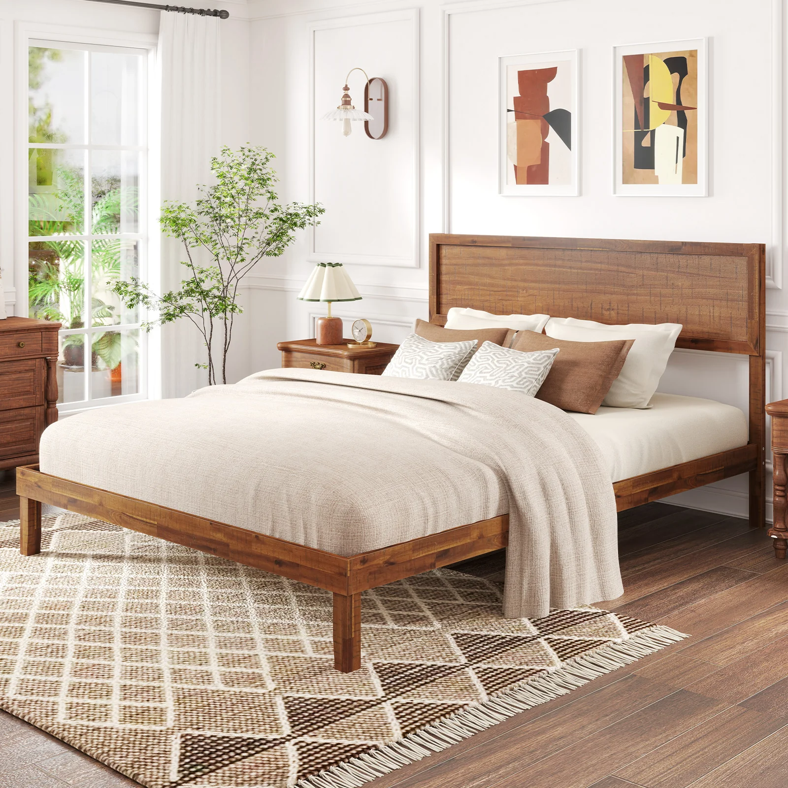 Queen Size Bed Frame With Headboard, Wooden Slats, Walnut - Image 2