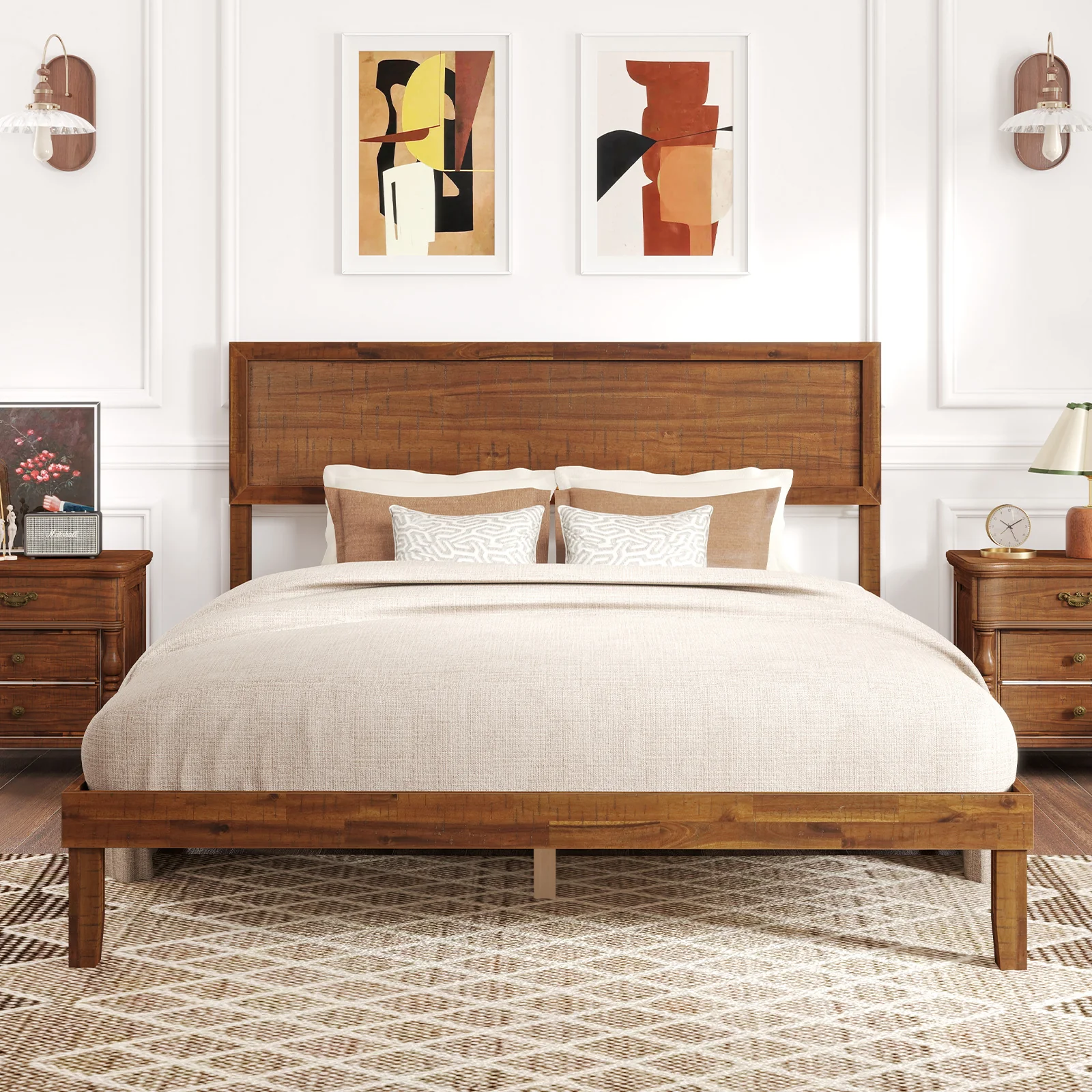 Queen Size Bed Frame With Headboard, Wooden Slats, Walnut - Image 3