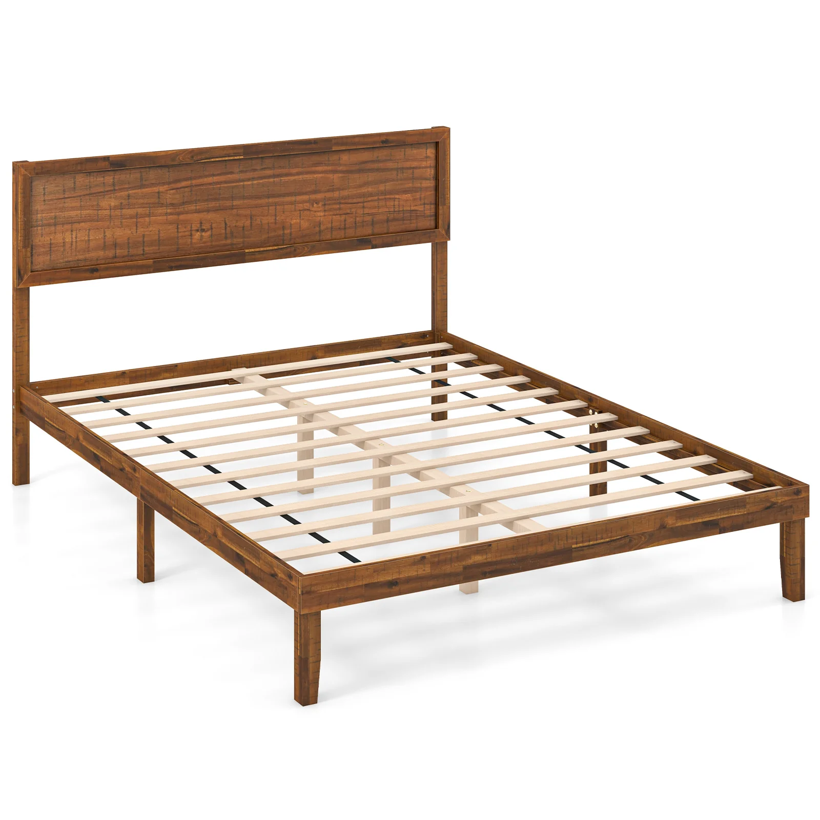 Queen Size Bed Frame With Headboard, Wooden Slats, Walnut - Image 4