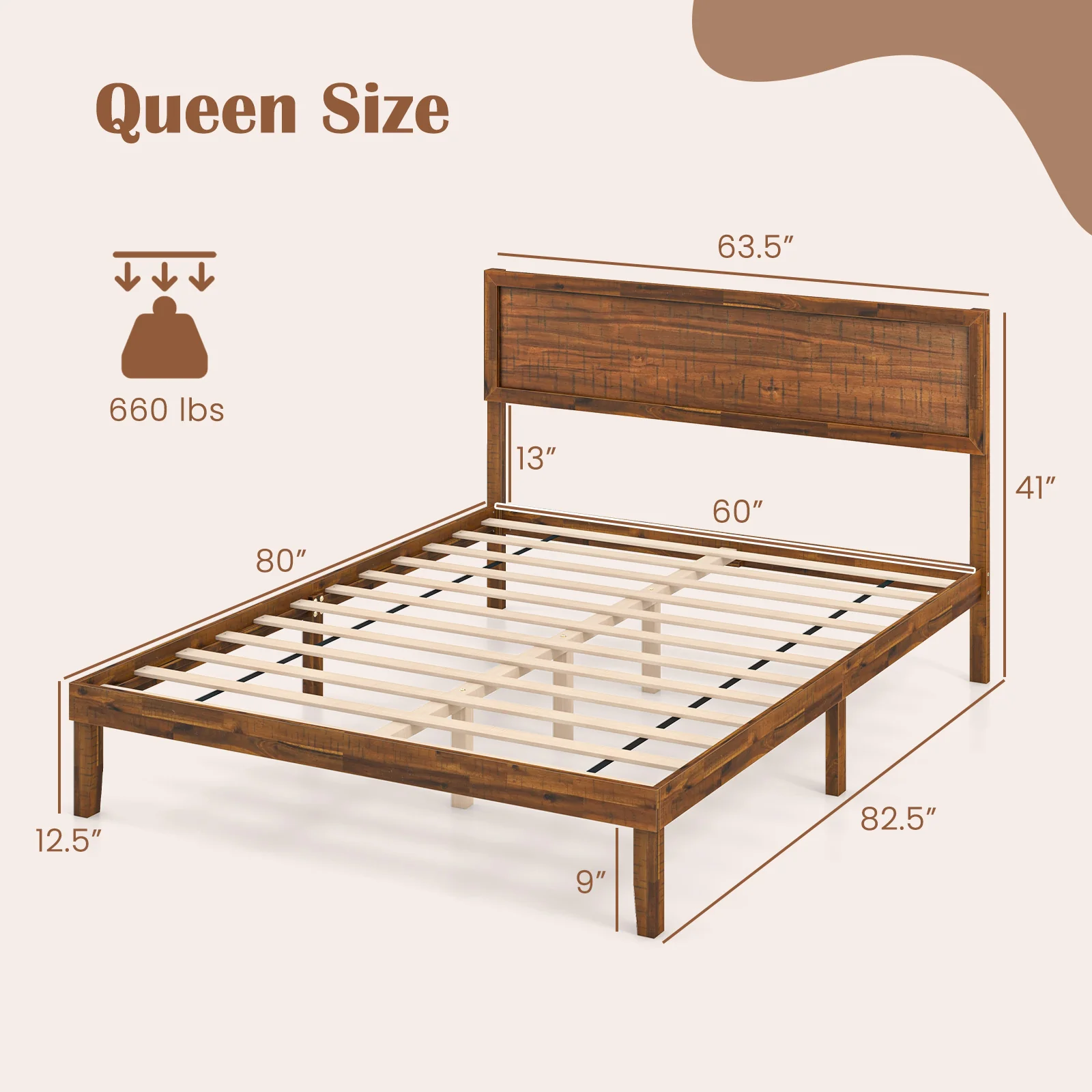Queen Size Bed Frame With Headboard, Wooden Slats, Walnut - Image 5