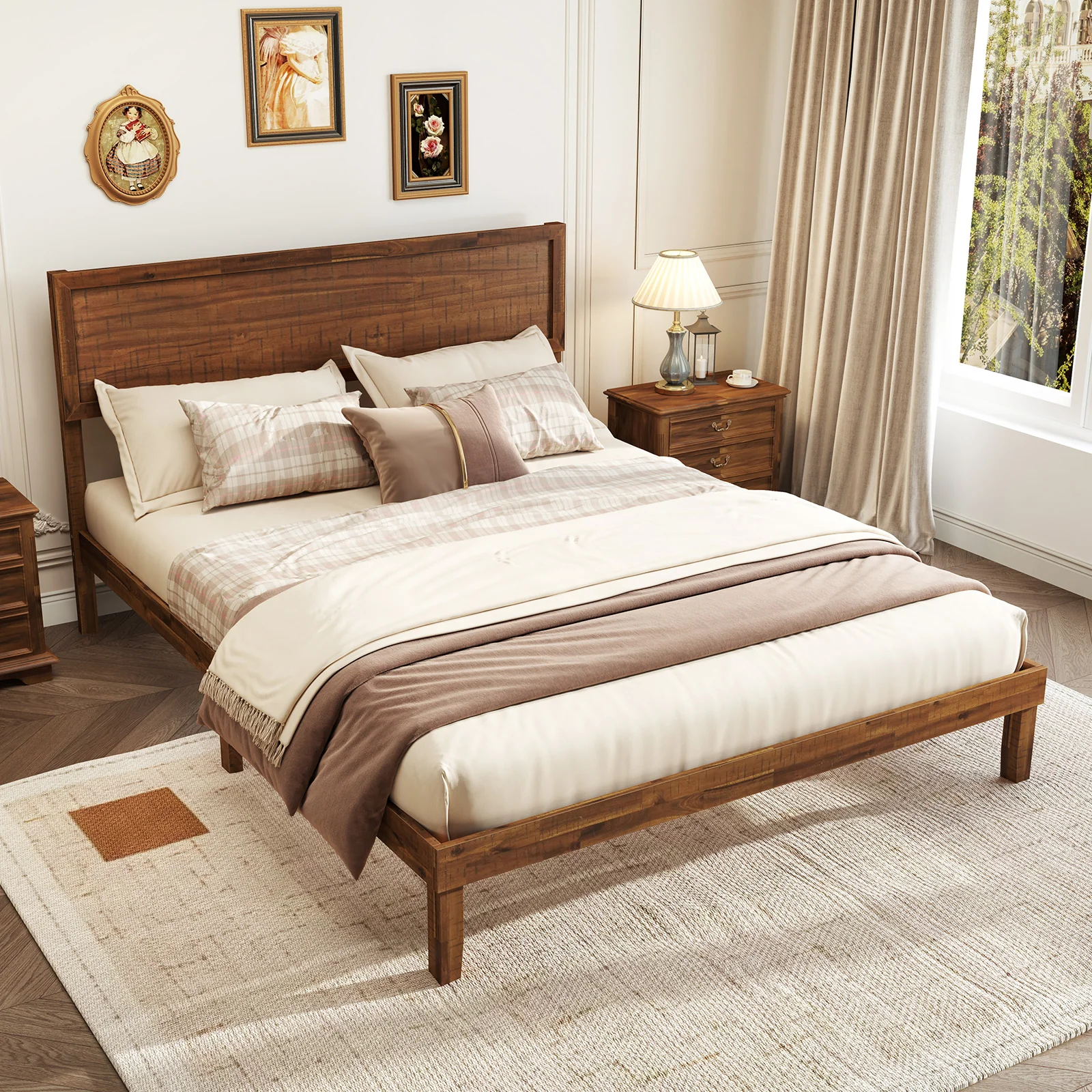 Queen Size Bed Frame With Headboard, Wooden Slats, Walnut - Image 6