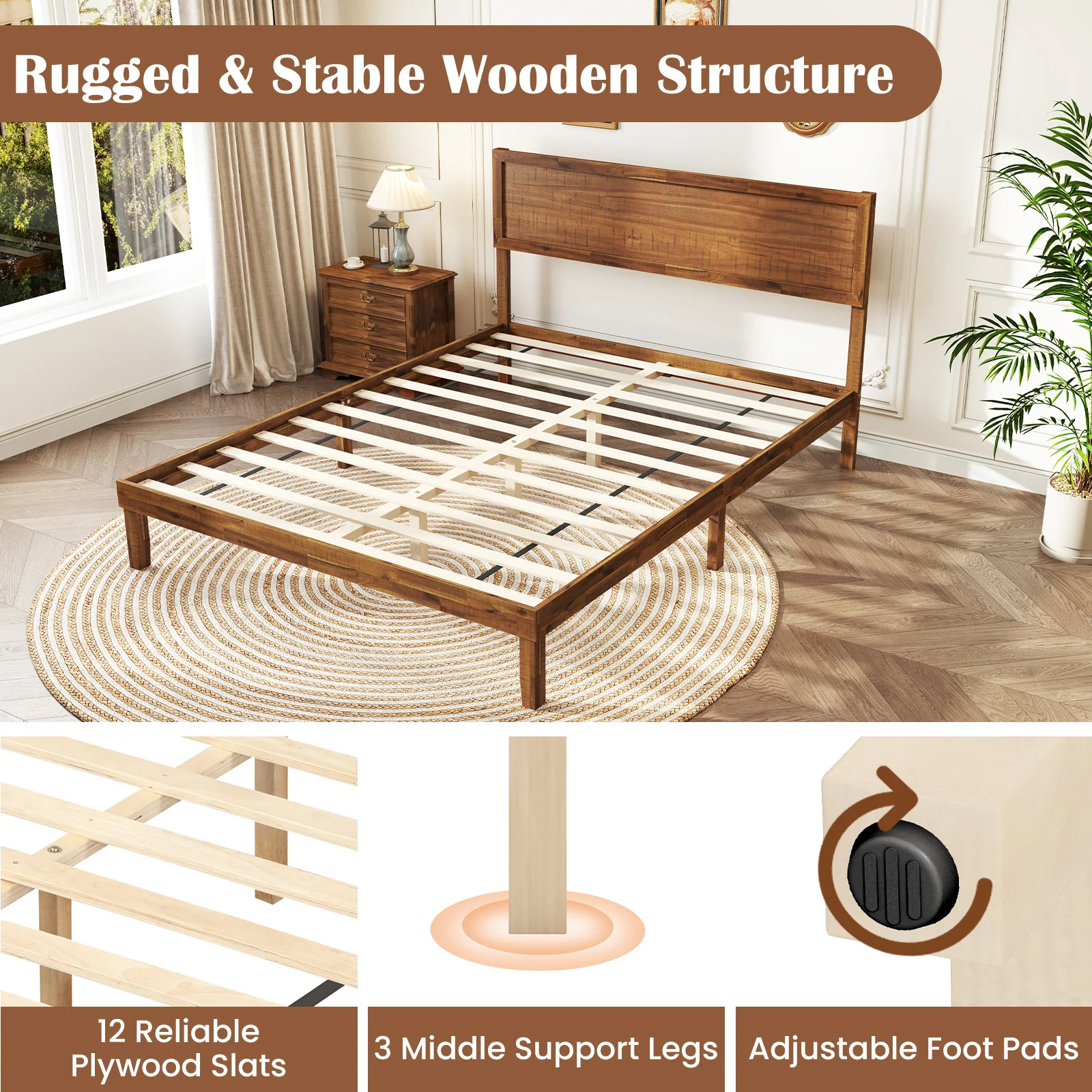 Queen Size Bed Frame With Headboard, Wooden Slats, Walnut - Image 7