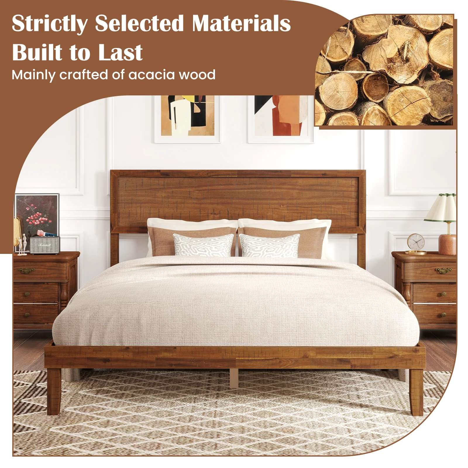 Queen Size Bed Frame With Headboard, Wooden Slats, Walnut - Image 8