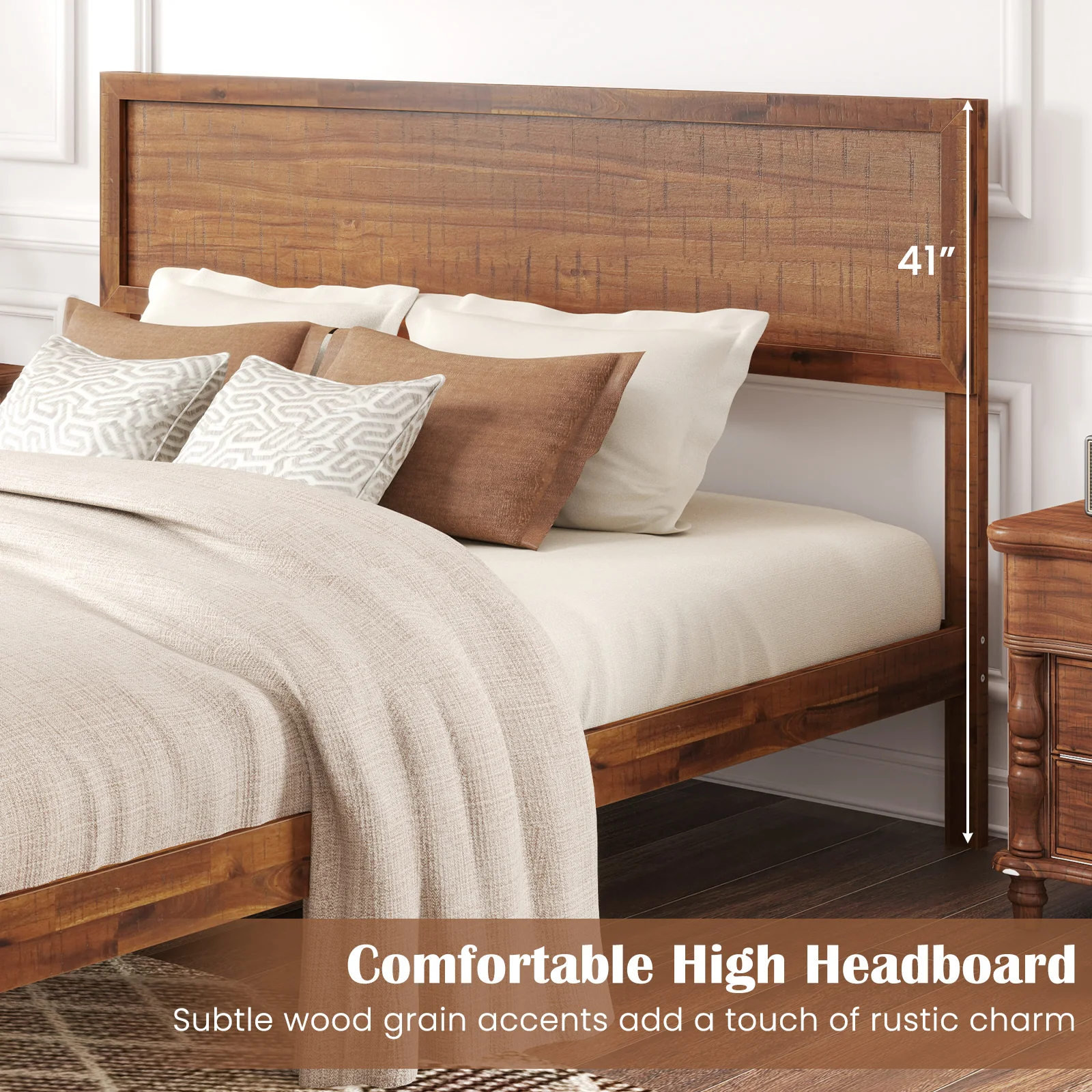 Queen Size Bed Frame With Headboard, Wooden Slats, Walnut - Image 9