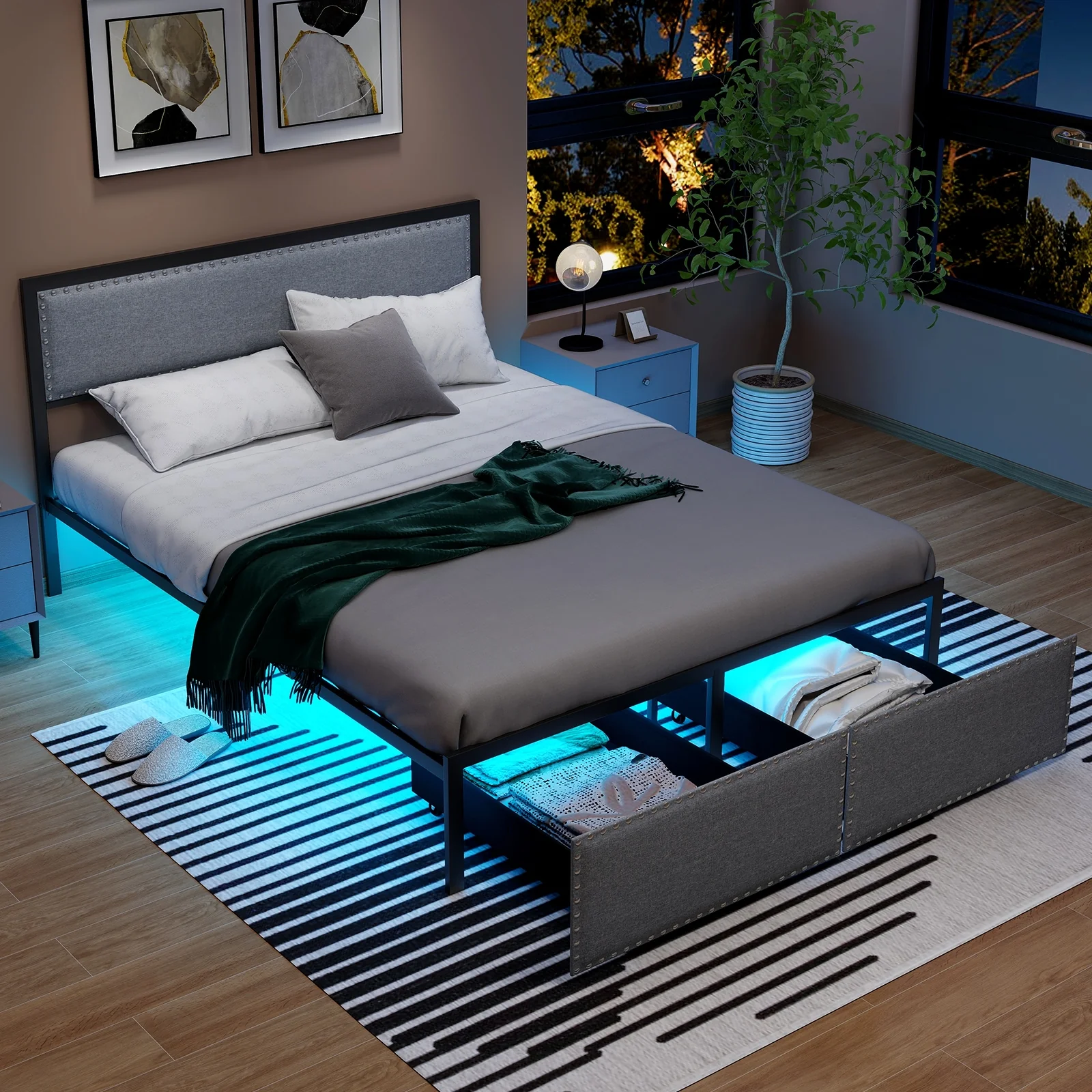 Queen Size Bed Frame With LED Lights, Drawer, Gray - Image 2
