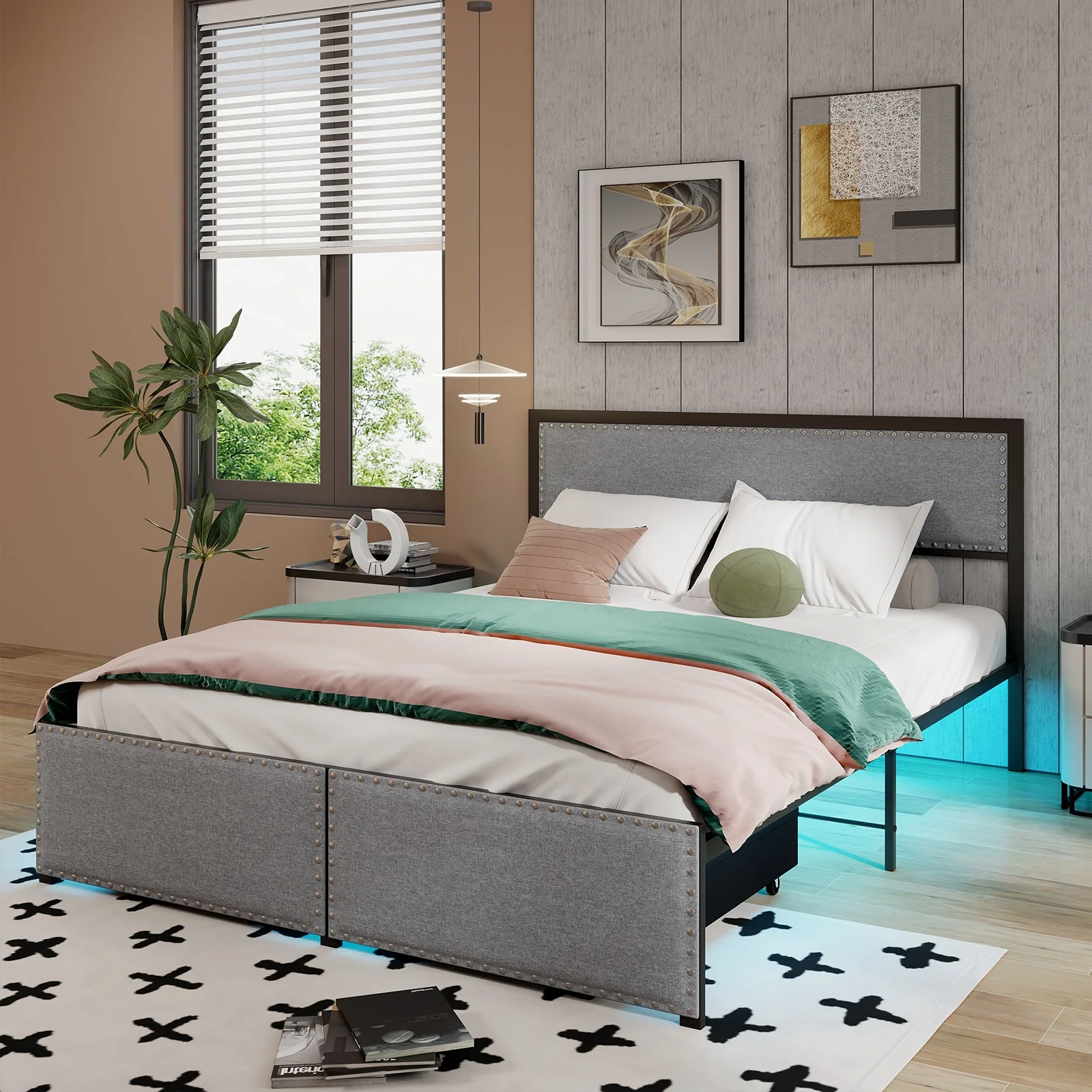 Queen Size Bed Frame With LED Lights, Drawer, Gray - Image 3