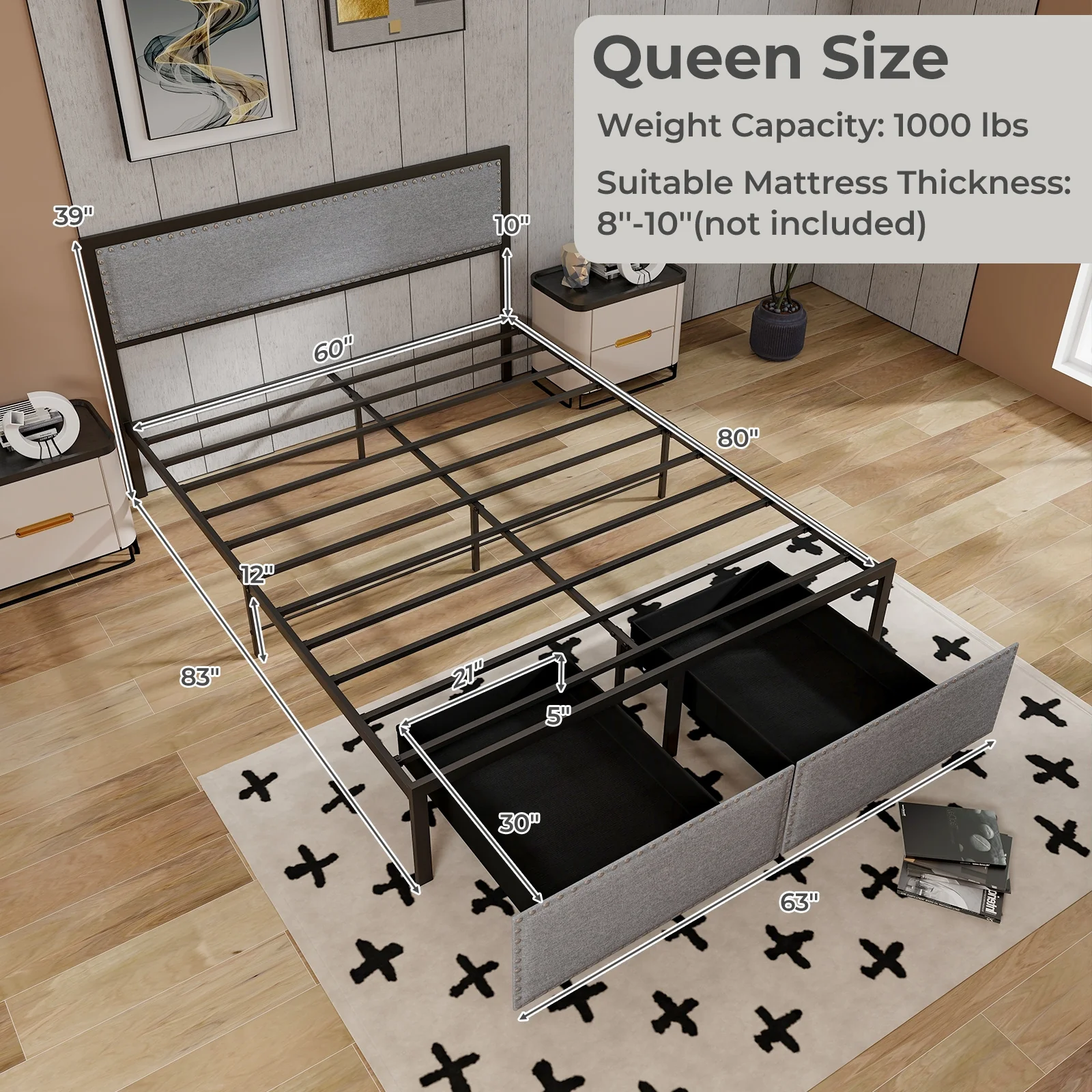 Queen Size Bed Frame With LED Lights, Drawer, Gray - Image 5