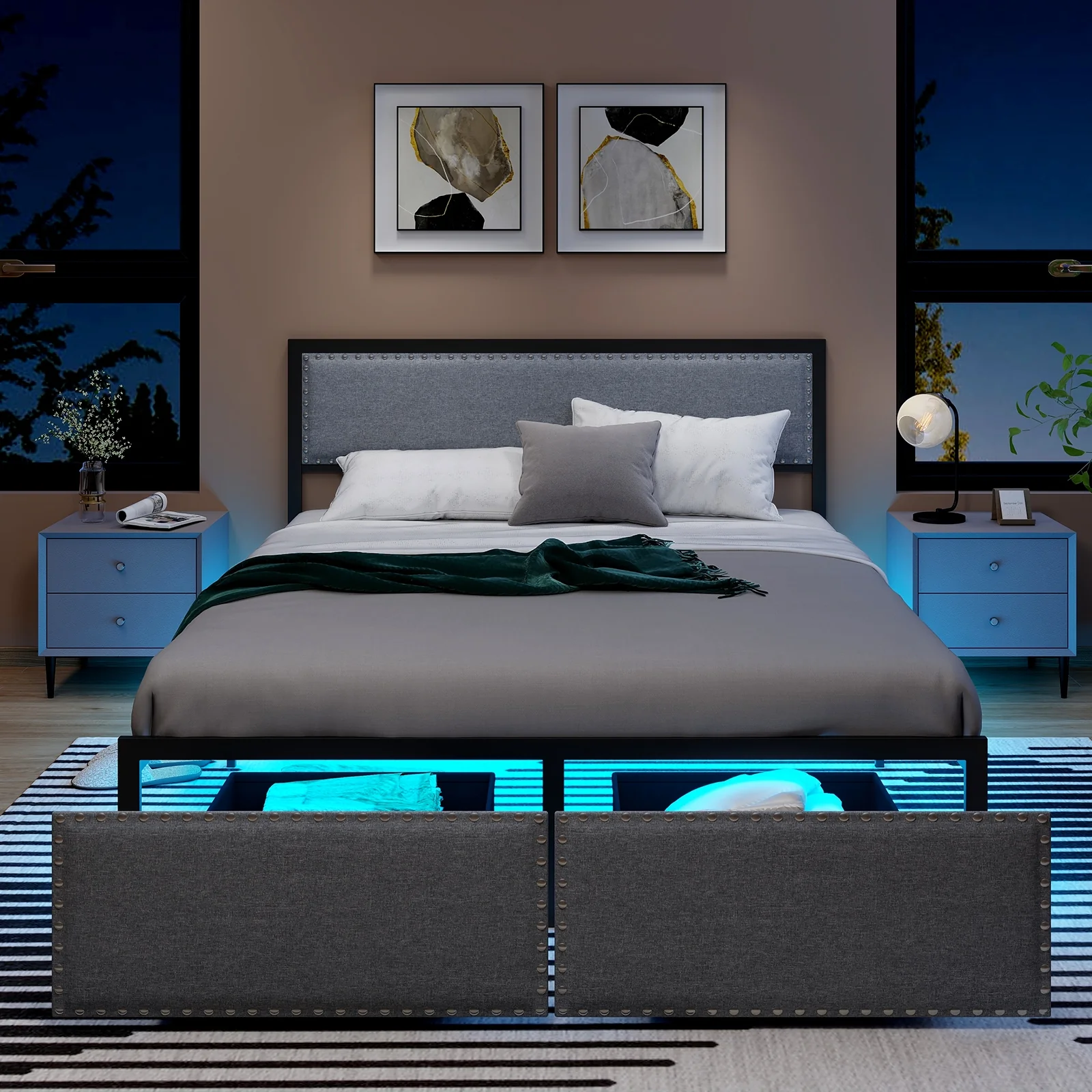 Queen Size Bed Frame With LED Lights, Drawer, Gray - Image 6