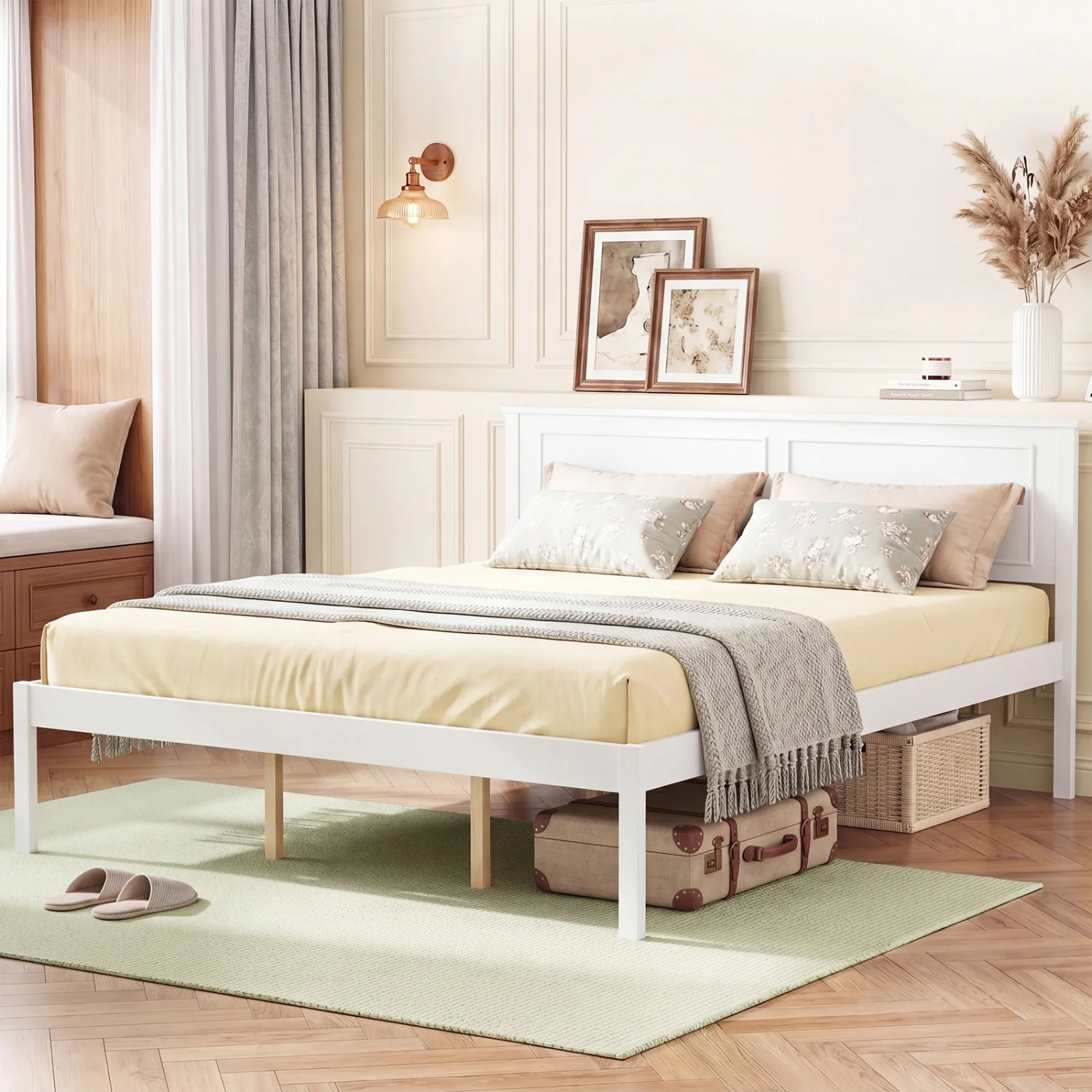 Queen Size Farmhouse Wooden Platform Bed with Headboard - Image 2