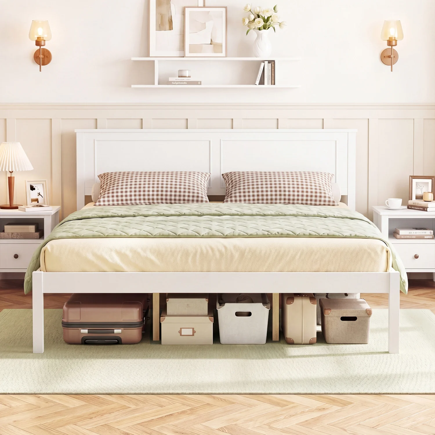Queen Size Farmhouse Wooden Platform Bed with Headboard - Image 3