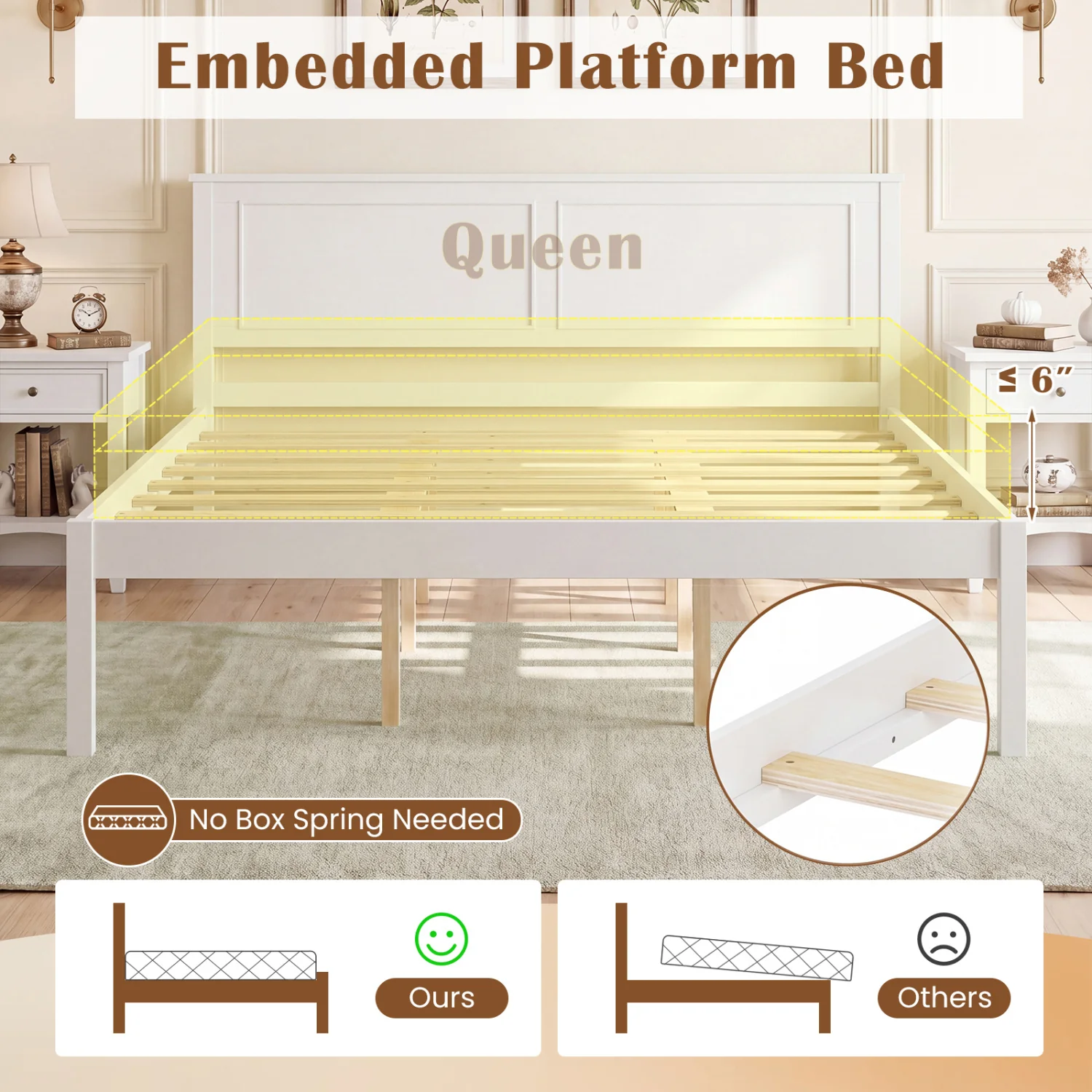 Queen Size Farmhouse Wooden Platform Bed with Headboard - Image 8