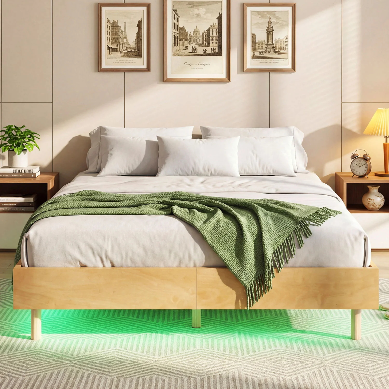 Queen Size Floating Bed Frame With LED Lights, Natural - Image 3