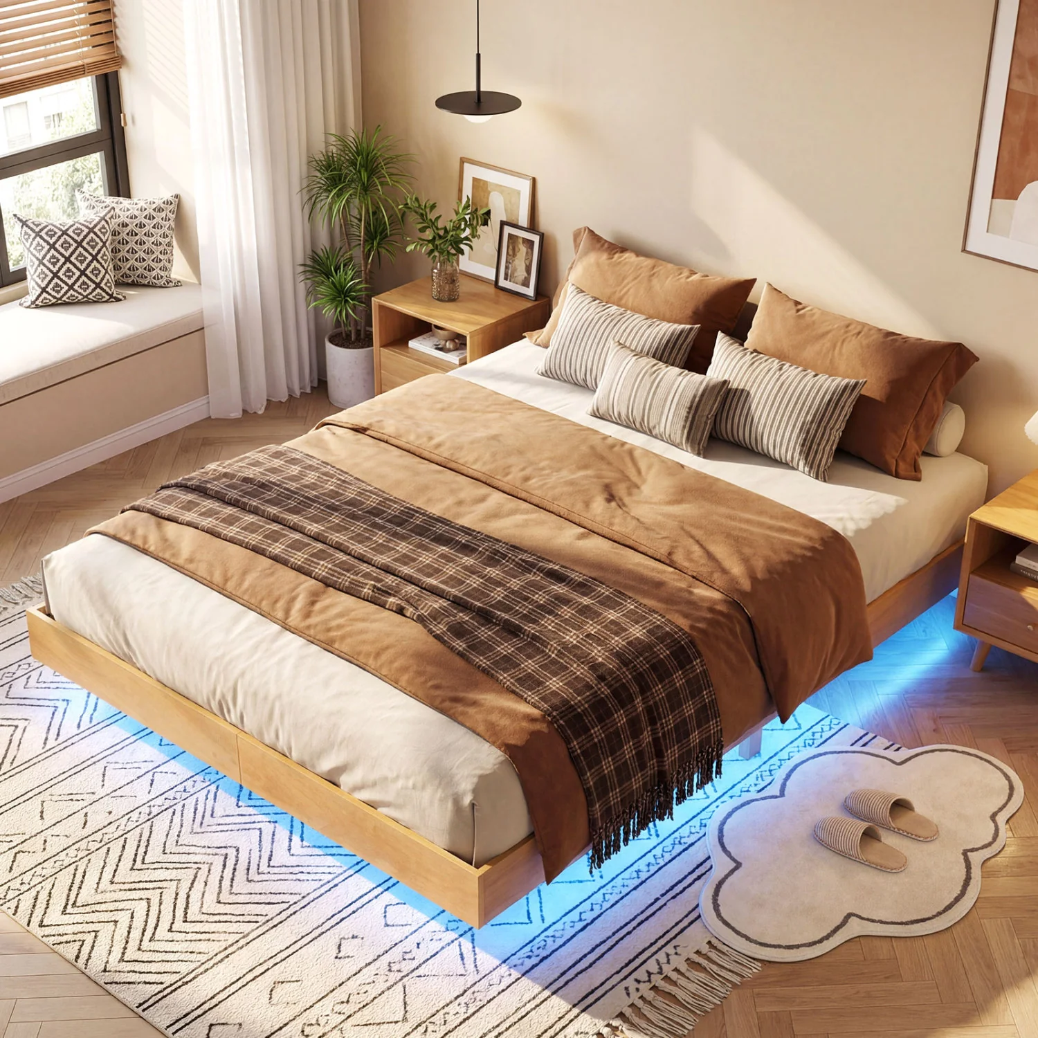 Queen Size Floating Bed Frame With LED Lights, Natural - Image 6