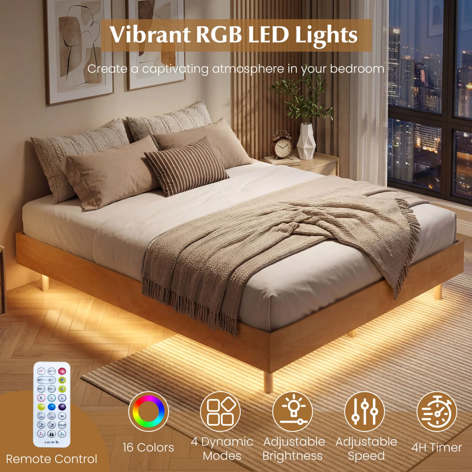 Queen Size Floating Bed Frame With LED Lights, Natural - Image 7