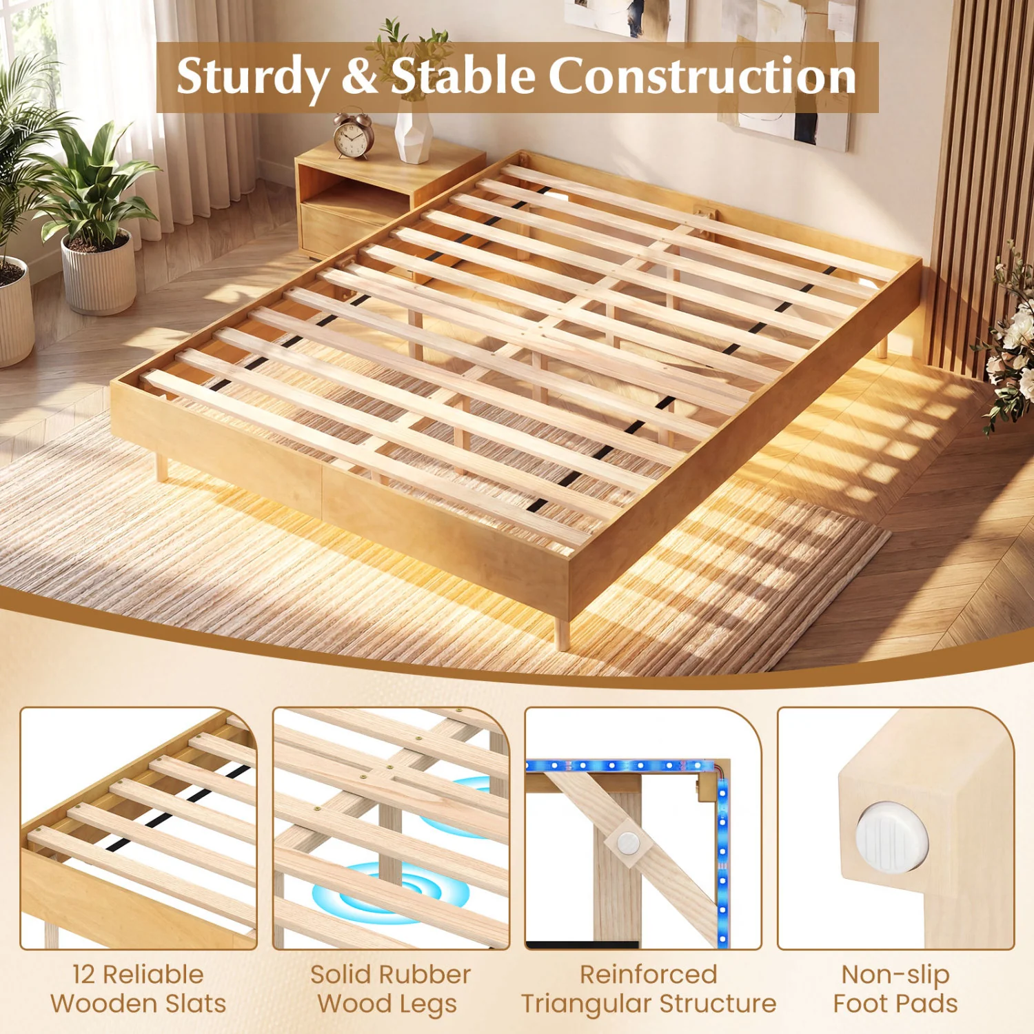 Queen Size Floating Bed Frame With LED Lights, Natural - Image 8