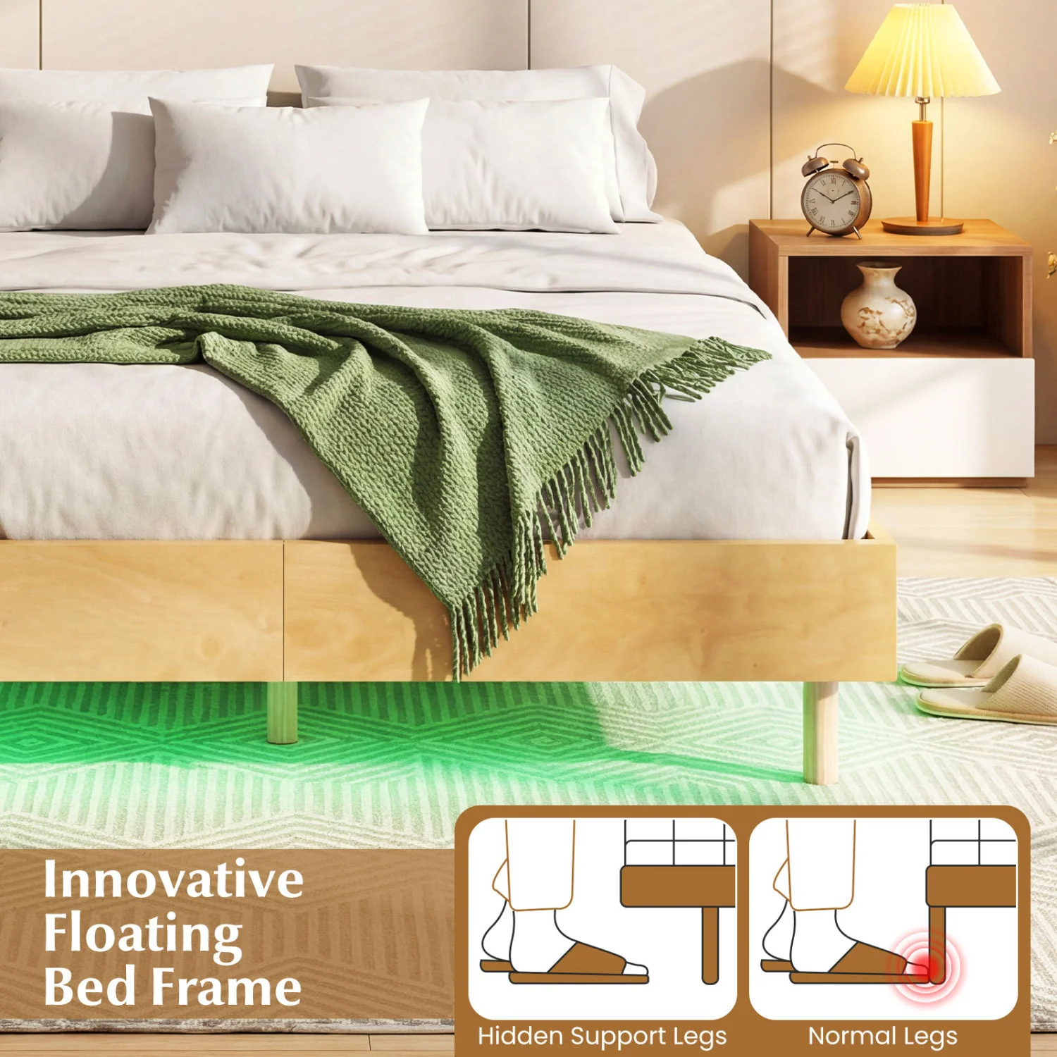 Queen Size Floating Bed Frame With LED Lights, Natural - Image 9
