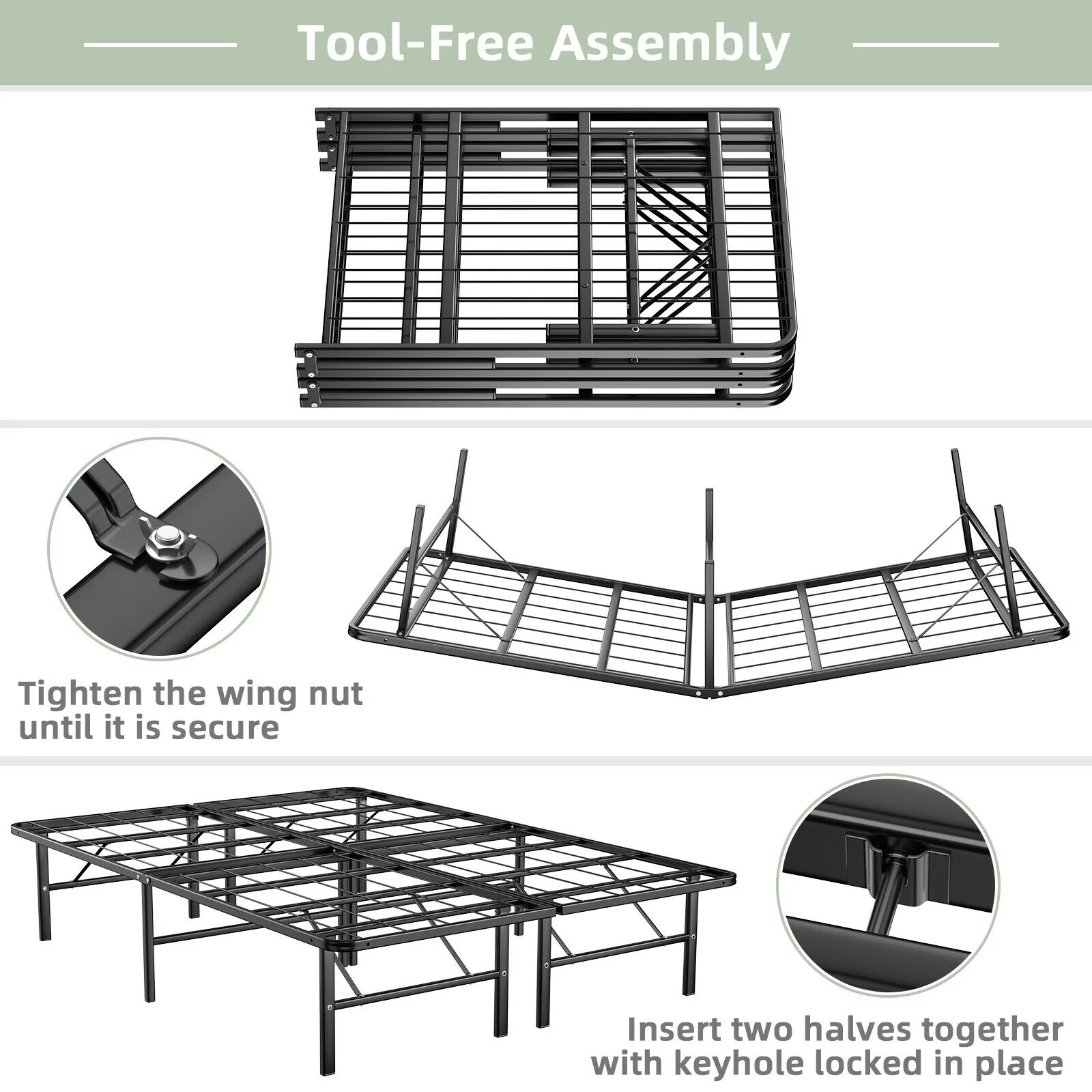 Queen Size Foldable Metal Platform Bed, Tool-Free Assembly, Black - Image 10