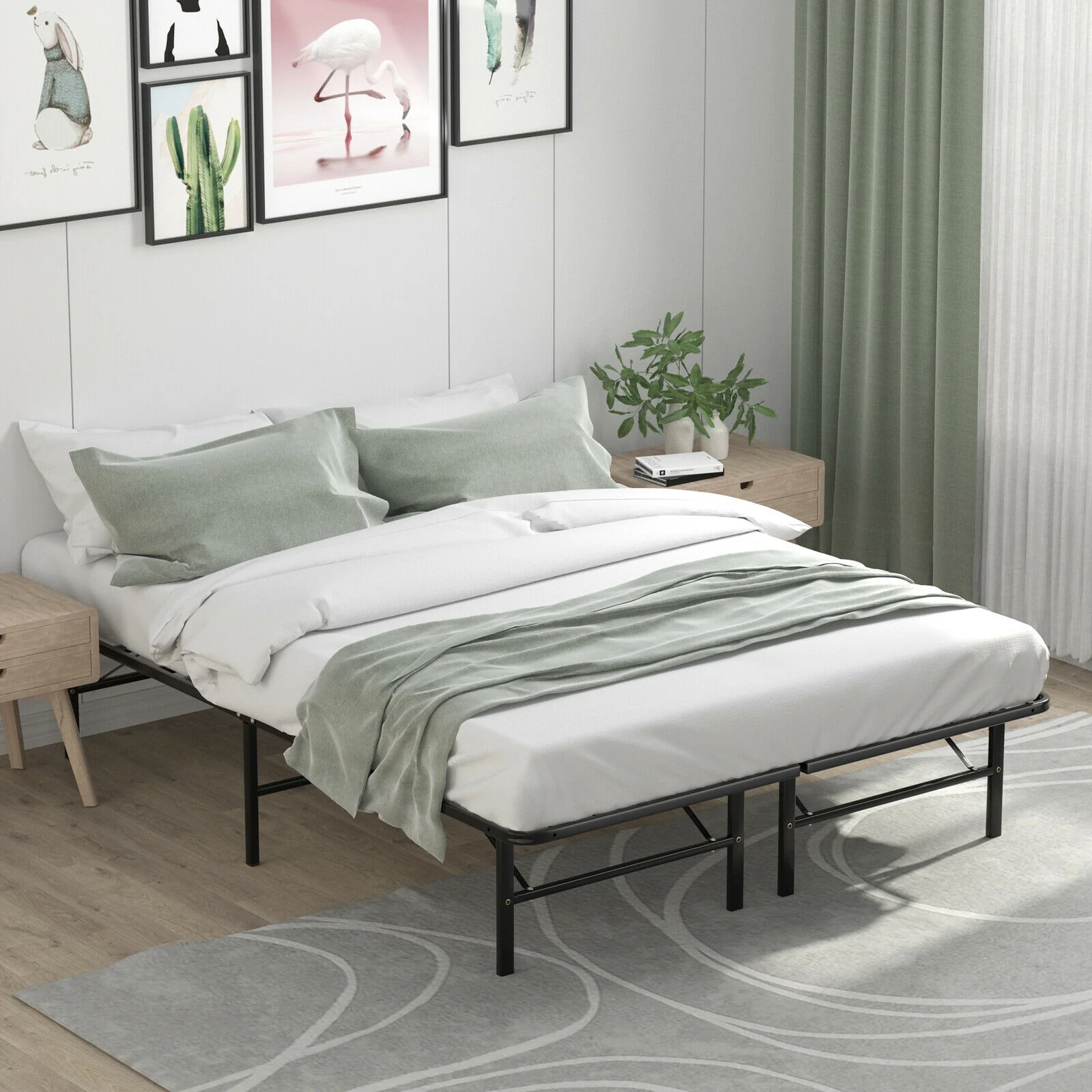 Queen Size Foldable Metal Platform Bed, Tool-Free Assembly, Black - Image 2