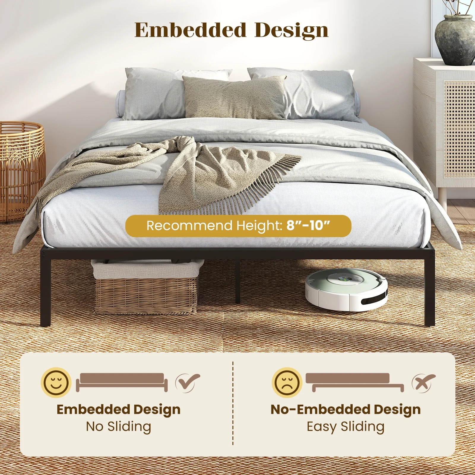 Queen Size Metal Bed Frame, Heavy Duty Support Slats, Black - Image 10