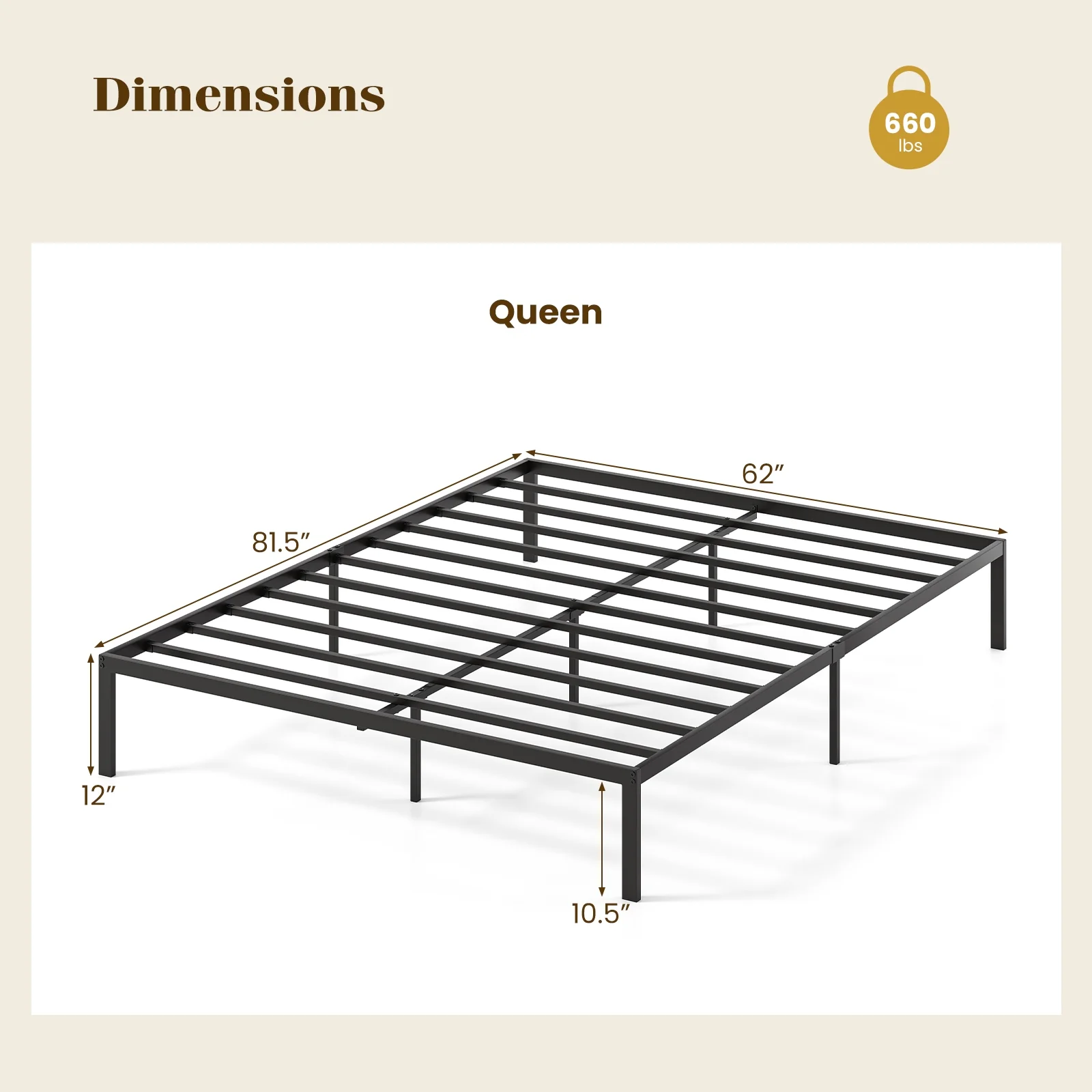 Queen Size Metal Bed Frame, Heavy Duty Support Slats, Black - Image 6