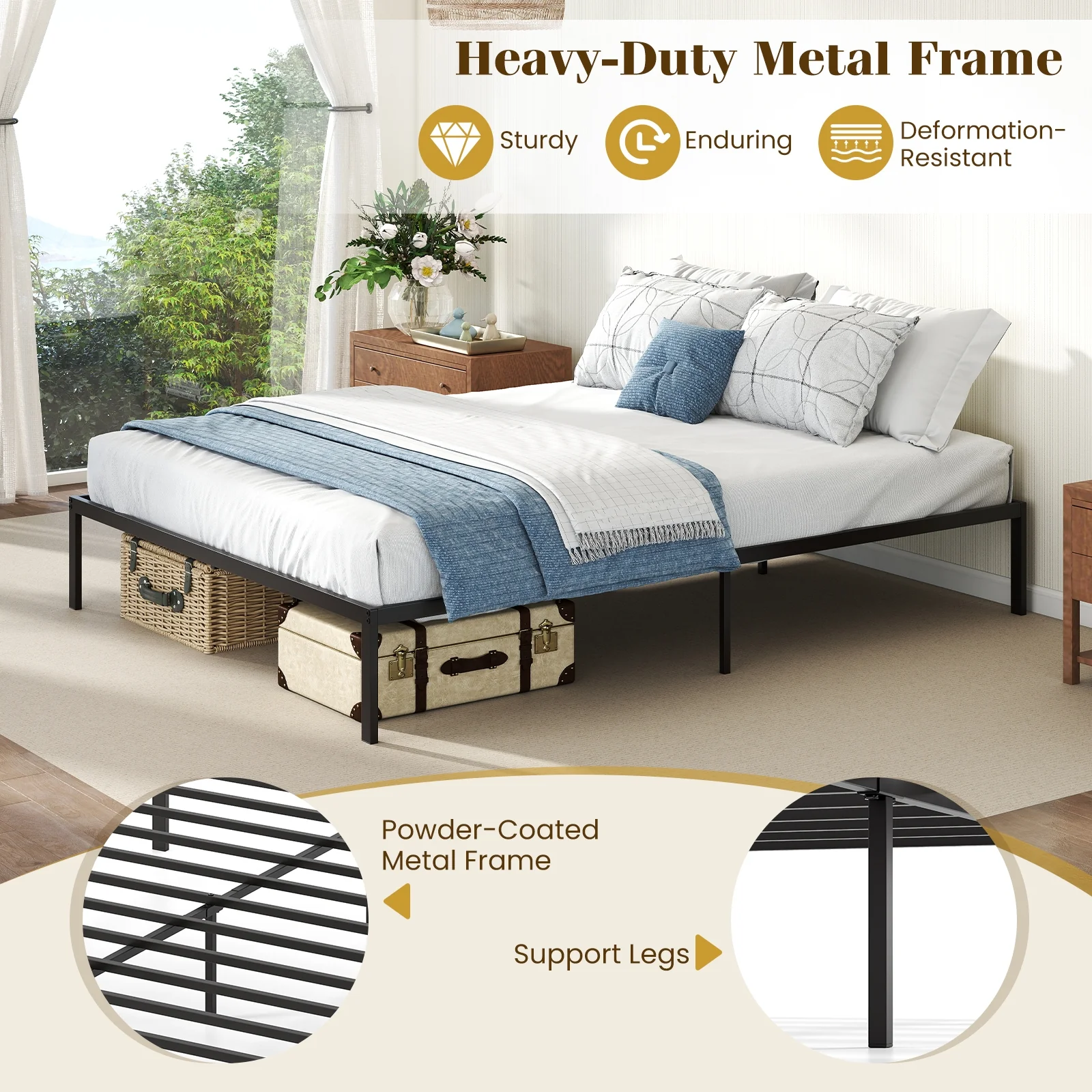 Queen Size Metal Bed Frame, Heavy Duty Support Slats, Black - Image 9