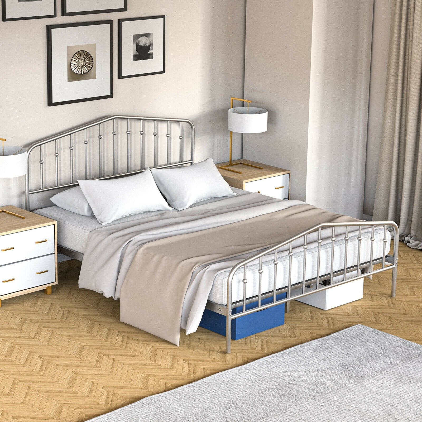 Queen Size Metal Bed Frame, Platform Headboard, Footboard, Storage, Silver - Image 3