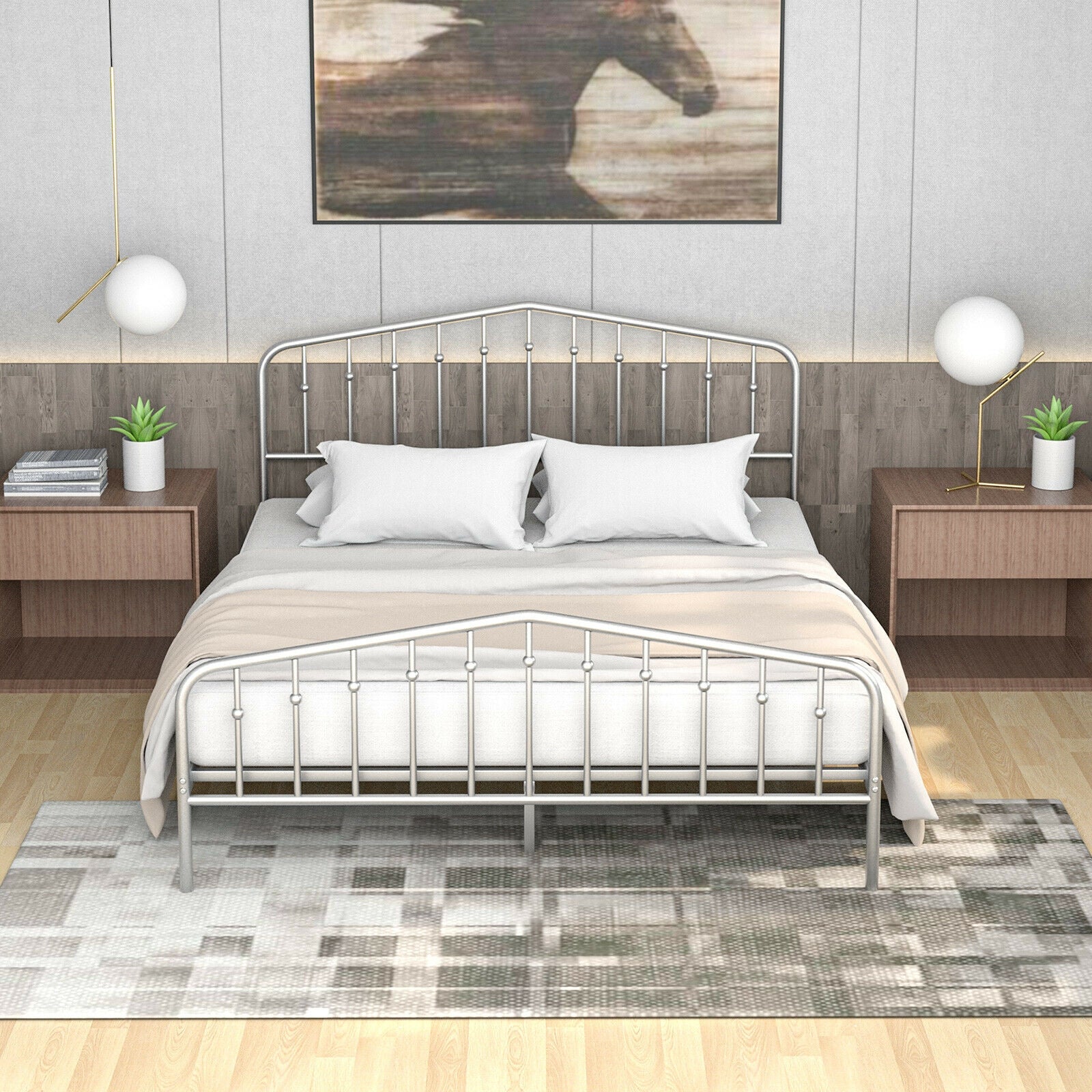 Queen Size Metal Bed Frame, Platform Headboard, Footboard, Storage, Silver - Image 7