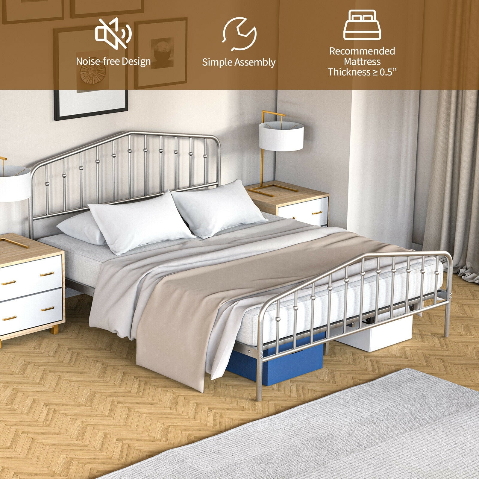 Queen Size Metal Bed Frame, Platform Headboard, Footboard, Storage, Silver - Image 8
