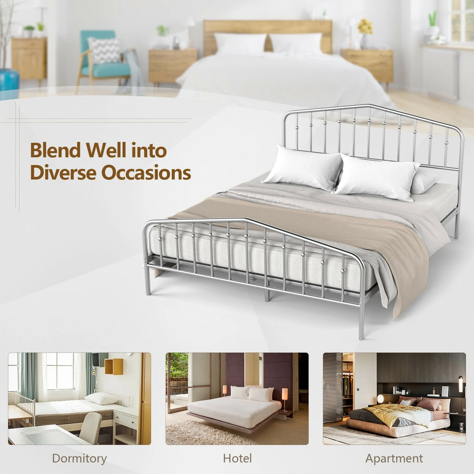 Queen Size Metal Bed Frame, Platform Headboard, Footboard, Storage, Silver - Image 9