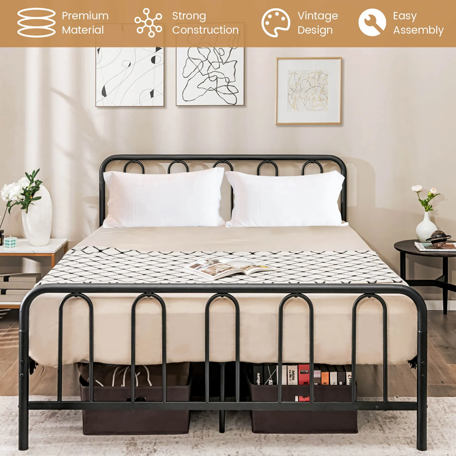 Queen Size Metal Bed Frame With Headboard, Footboard, Black - Image 10